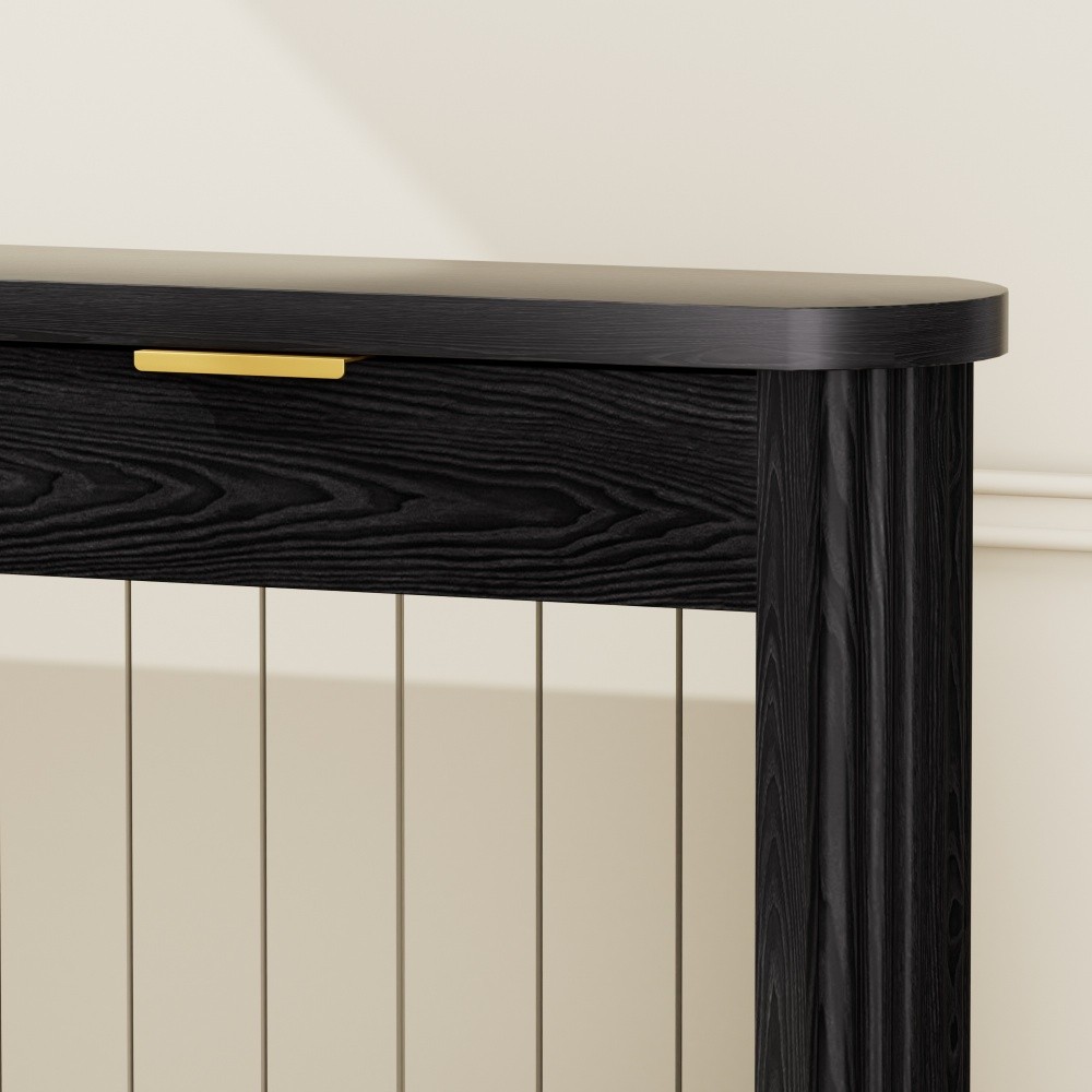 70.1″ Wavy-Patterned Storage Table with Drawers; a slim wooden side table