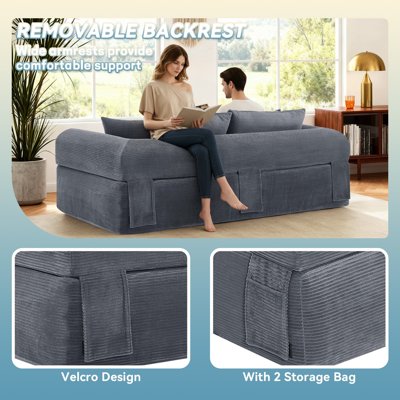 Compression Floor Sofa-Convertible Sofa Bed,Corduroy Boneless Couch with Storage