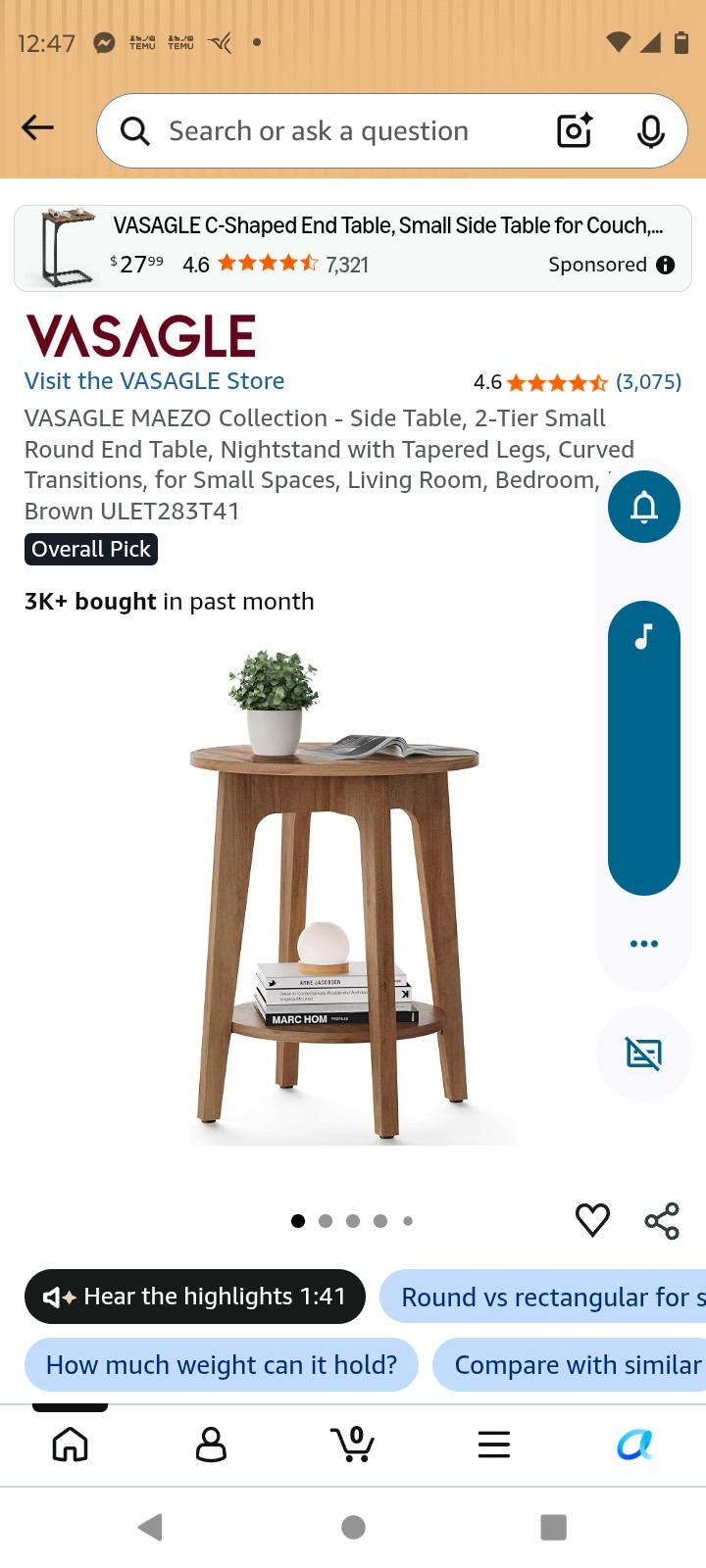 VASAGLE MAEZO Round 2-Tier End Table w/ Shelf Brown 15.7in ULET283T41