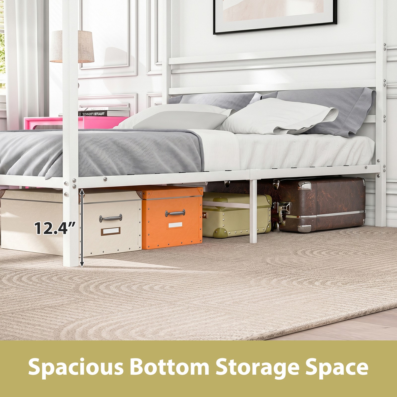 Full Size Bed Frame Canopy Top Design Customizable Bedroom Metal Bed Frame White