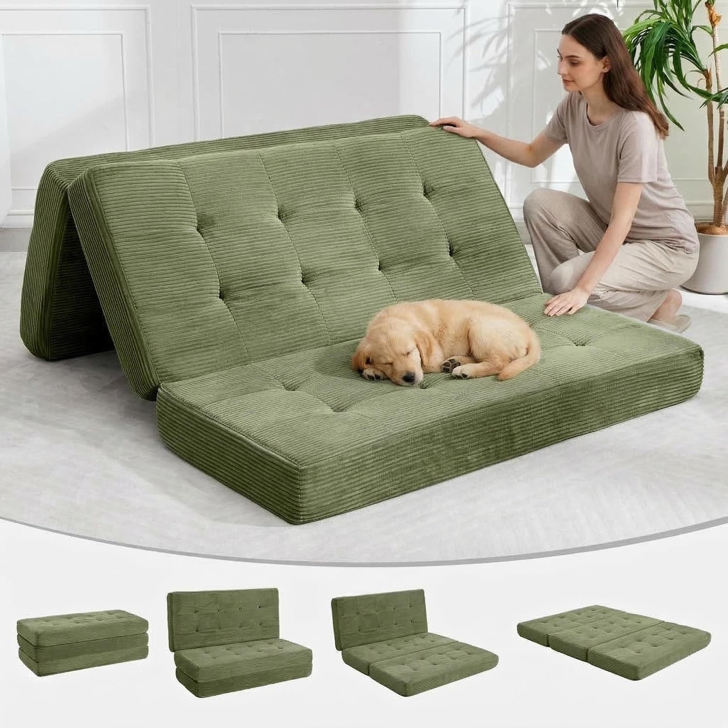 6″ Tri-Fold Mattress Full Size, Tufted Folding Corduroy with Chenille Fabric, Po