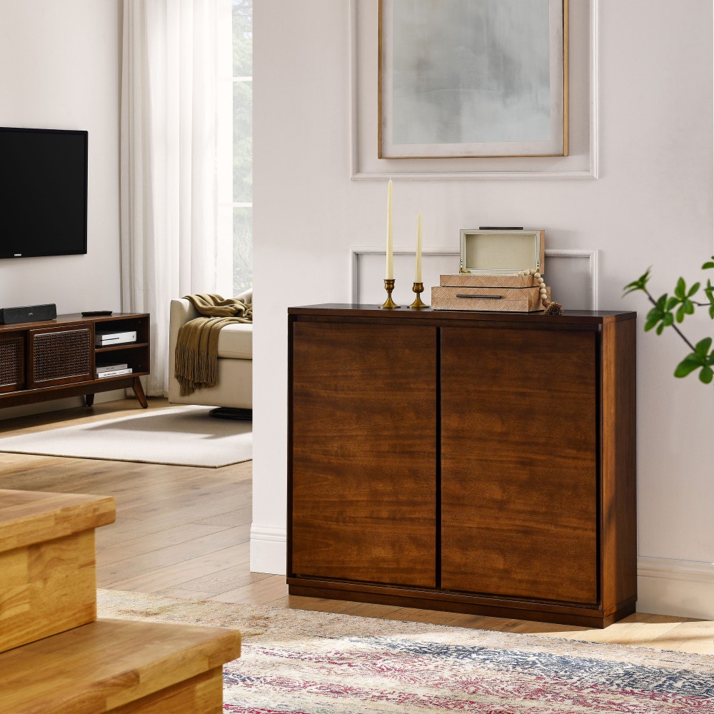 Walnut Sideboard Buffet Cabinet with Outlet Holes Storage Entryway Living Room