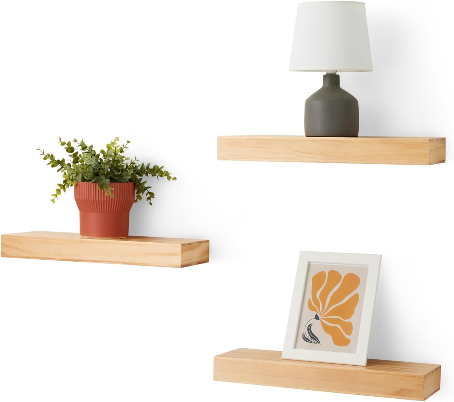 Wood Floating Wall Shelves 3-Pack Pine 15.8″ x 5″ x 1.8″ Natural Wood Finish