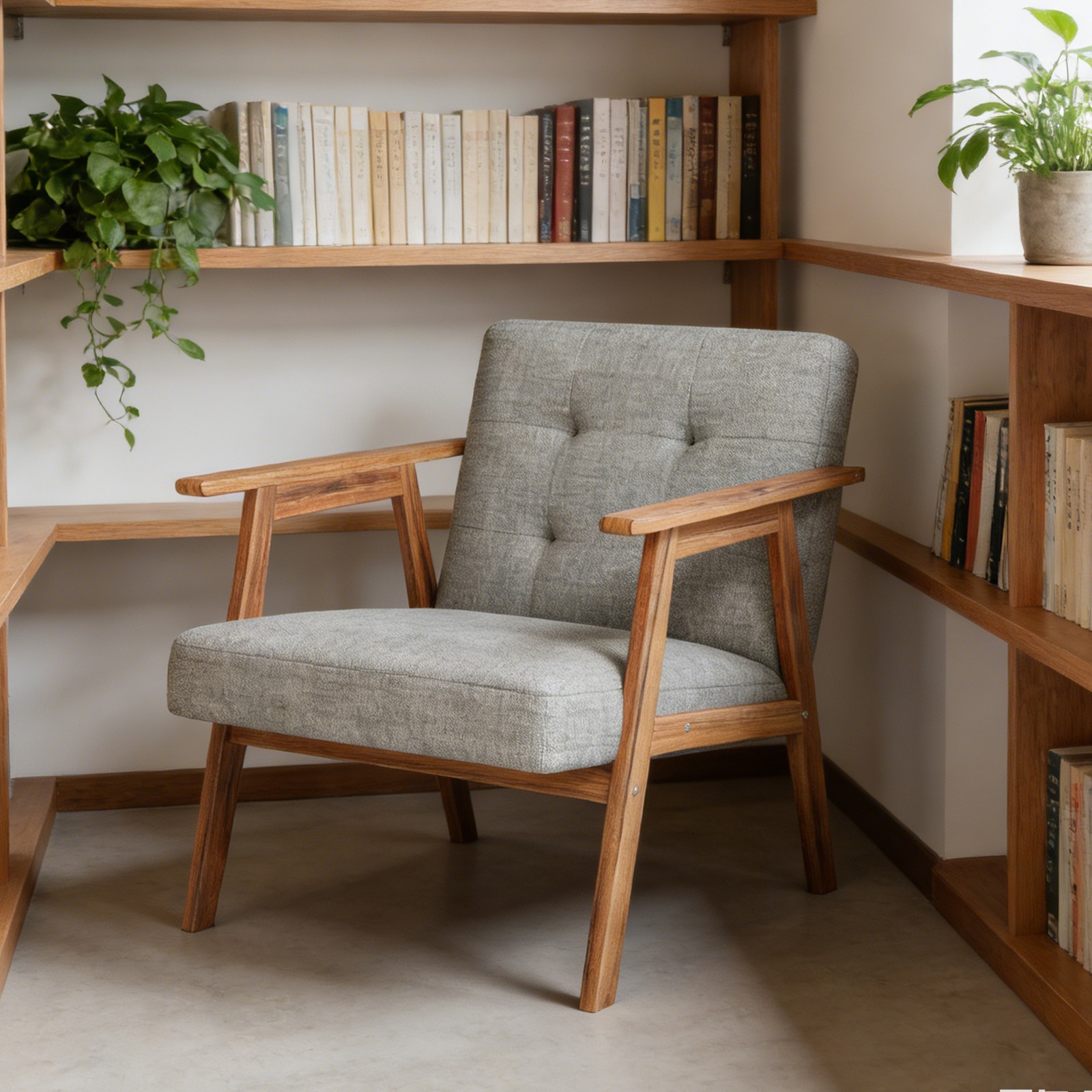 Light Grey Modern Accent Chair with Walnut Finish – Thick Cushion