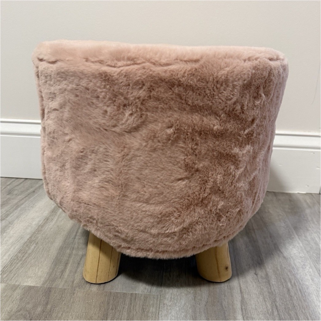 Pink Faux Fur Stool with Light Wood Legs, Solid Pattern, Less Than 15 in