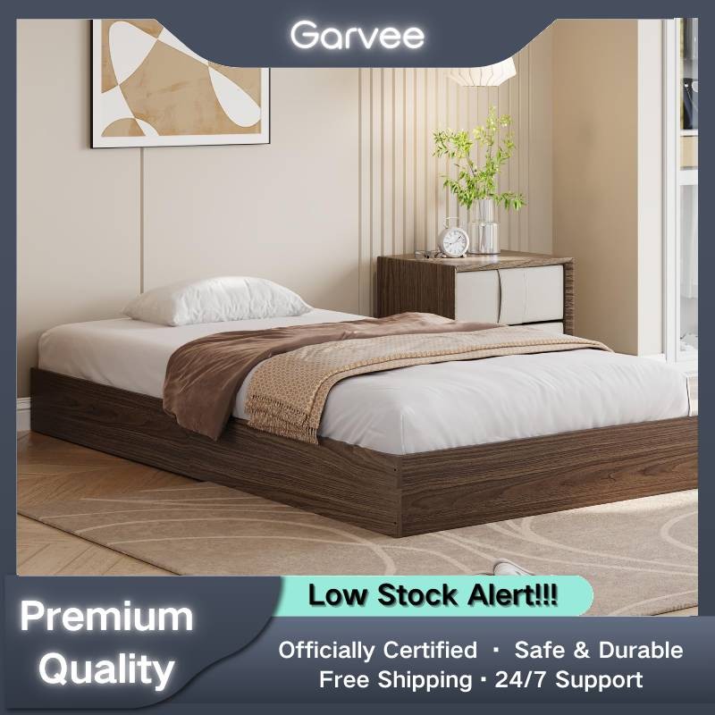 King Size Wooden Platform Bed Frame Walnut Wood Slats No Box Spring Low Profile