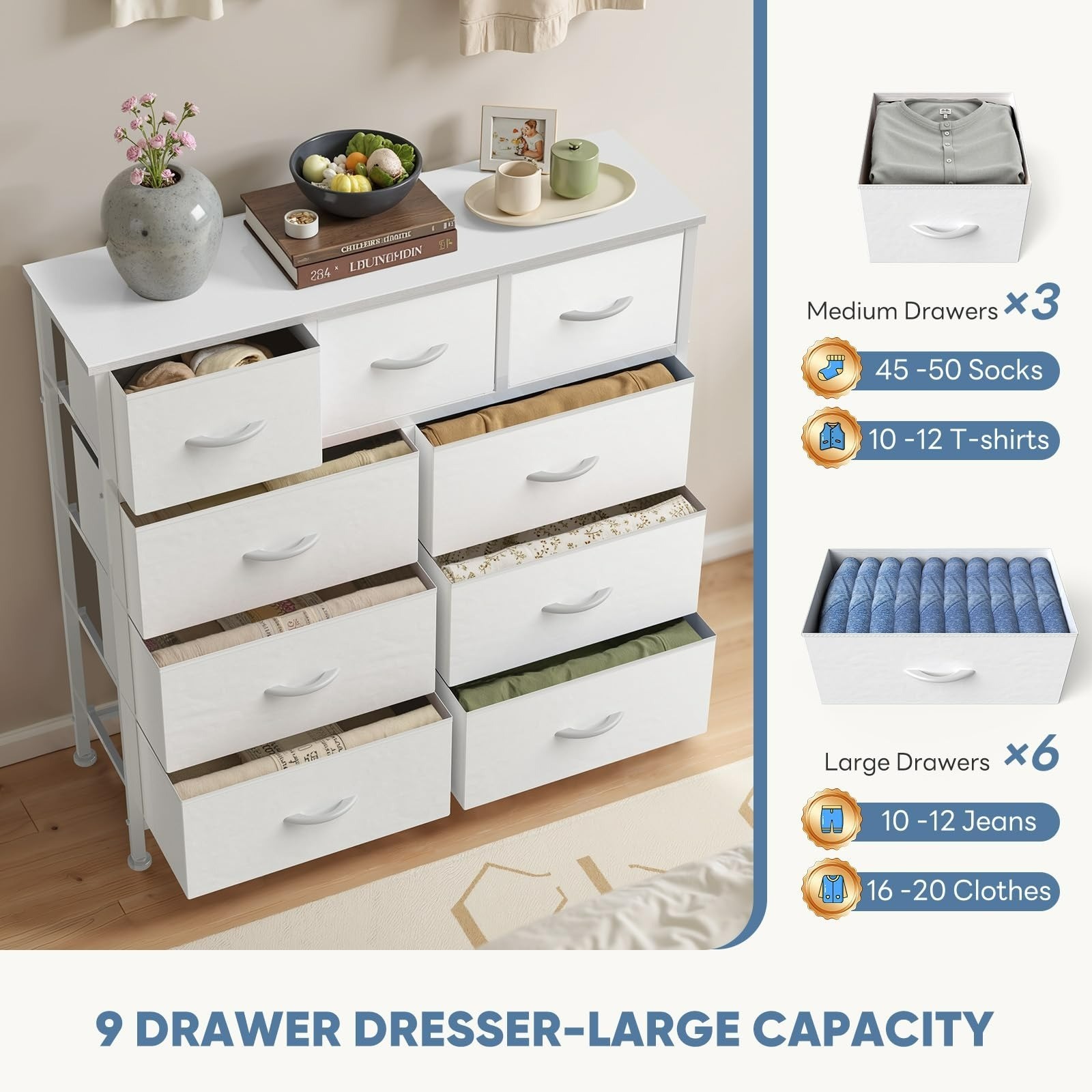 DUMOS 9 Drawer Dresser for Bedroom | Storage Organizer Chest of Drawers