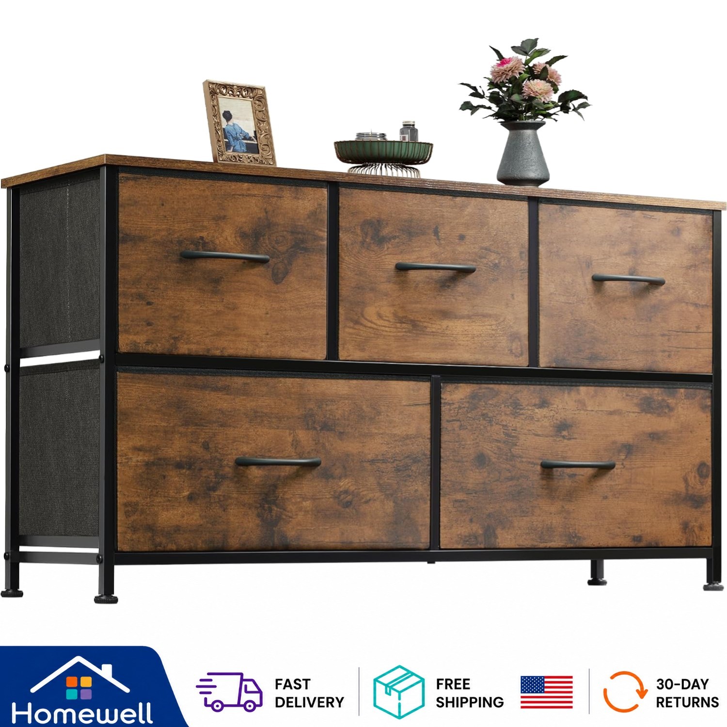 Versatile 5 Drawer Chest for Bedroom & Office – Rustic Brown with Easy Setup