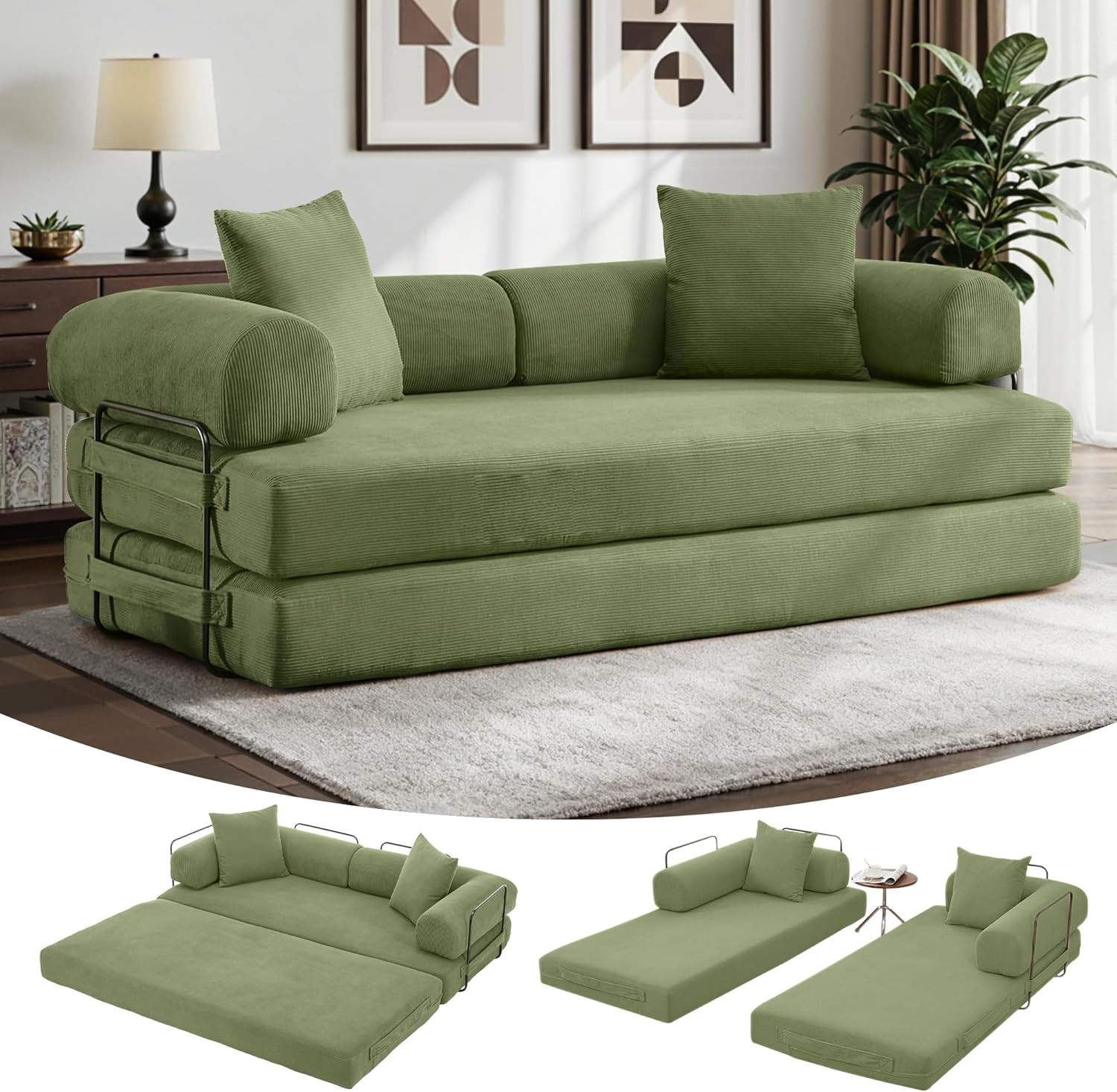 Stylish 4-in-1 Green Convertible Sofa Bed – Space-Saving Futon Design