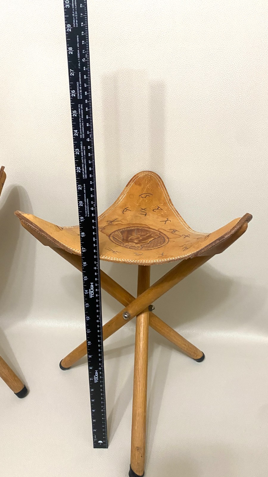 Vintage Tooled Folding Leather Horse Saddle Stools Pair Handmade
