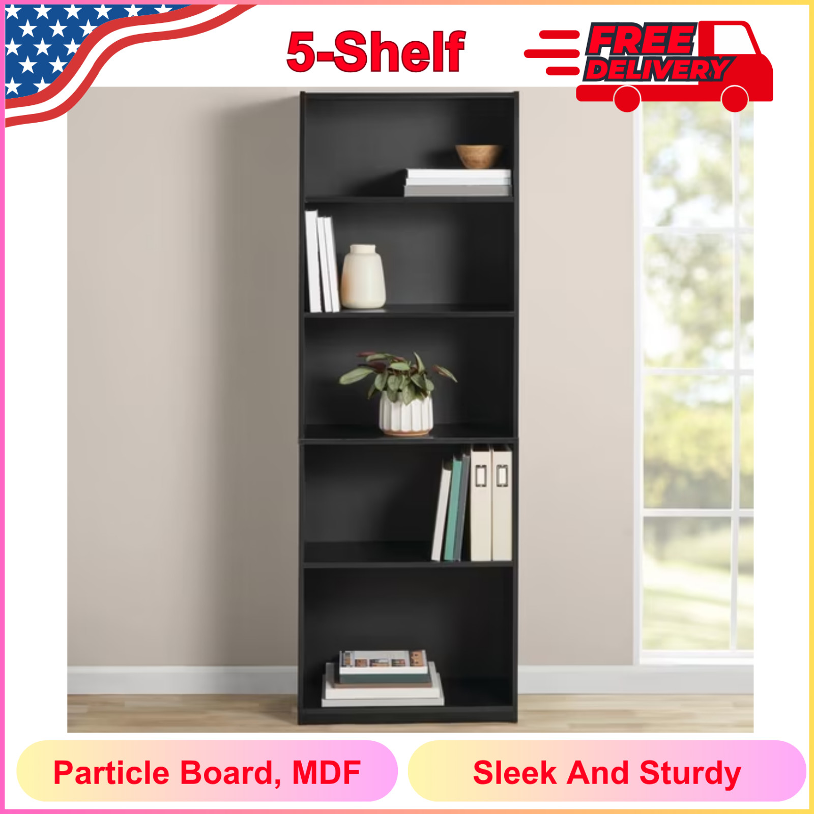 Mainstays 5-Shelf Bookcase w Adjustable Shelves, True Black Oak, Sleek & Sturdy