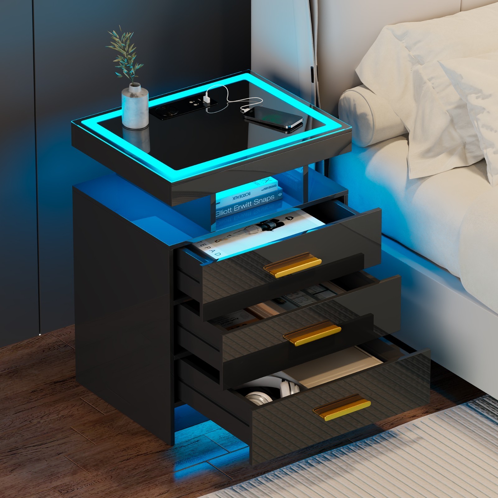 LED Nightstand with Charging Station, Smart Bedside Table with Motion Sensor