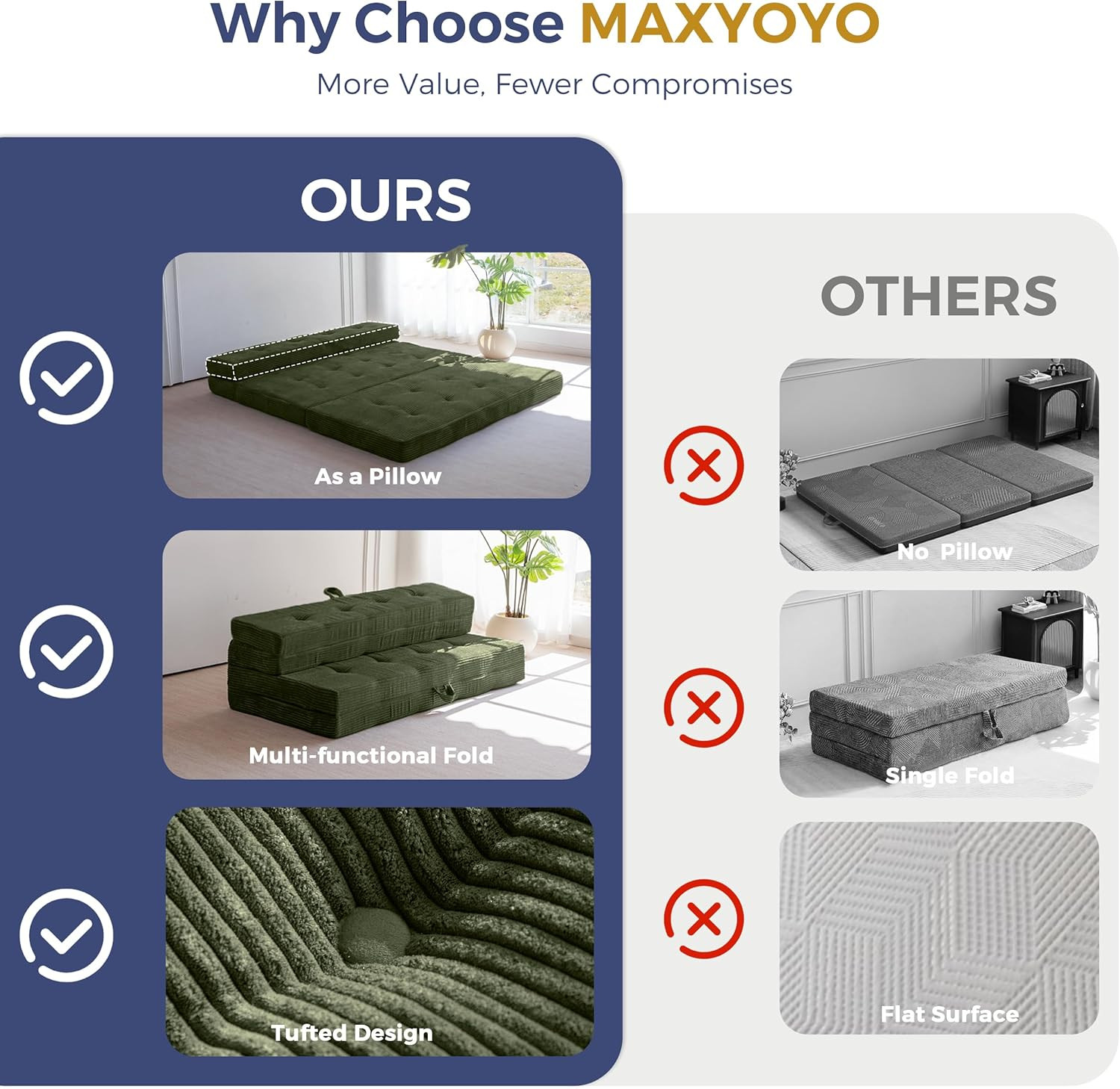 Foldable Sofa Couch Bed, 4 Inch Tufted Folding Couch, Portable Floor Couch with