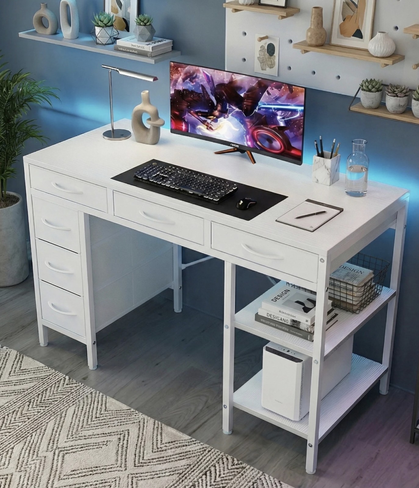 CONCETTA 55-Inch Computer Desk, 6 Drawers, 2 Shelves, White Polished Finish