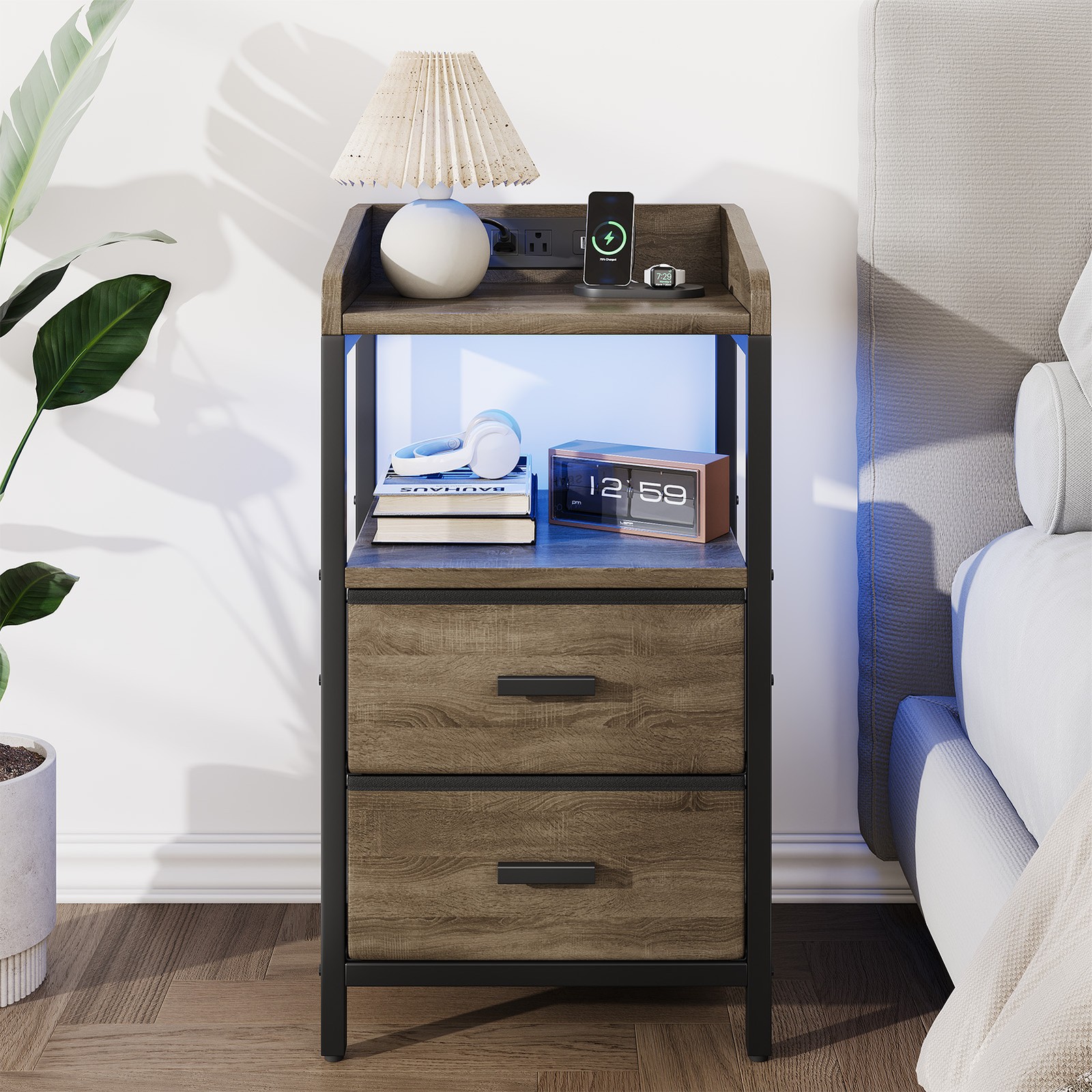 Night Stand with Charging Station 2 AC Outlets 2 USB Ports Alloy Steel Frame