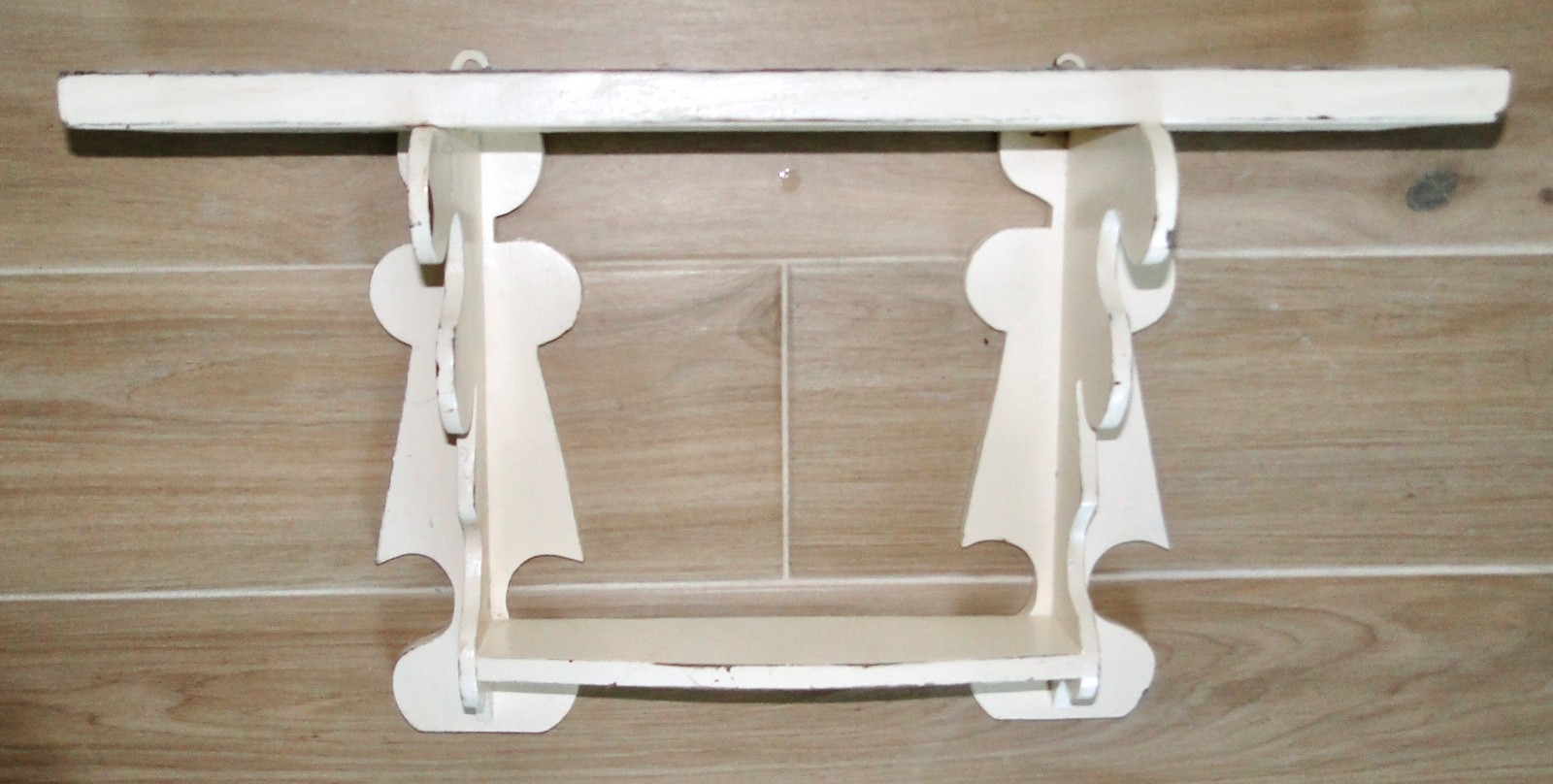 Vintage Heavy Wood WALL SHELF Painted WHITE CHIPPY FARMHOUSE ~2 Tiers~ 21″ Wide