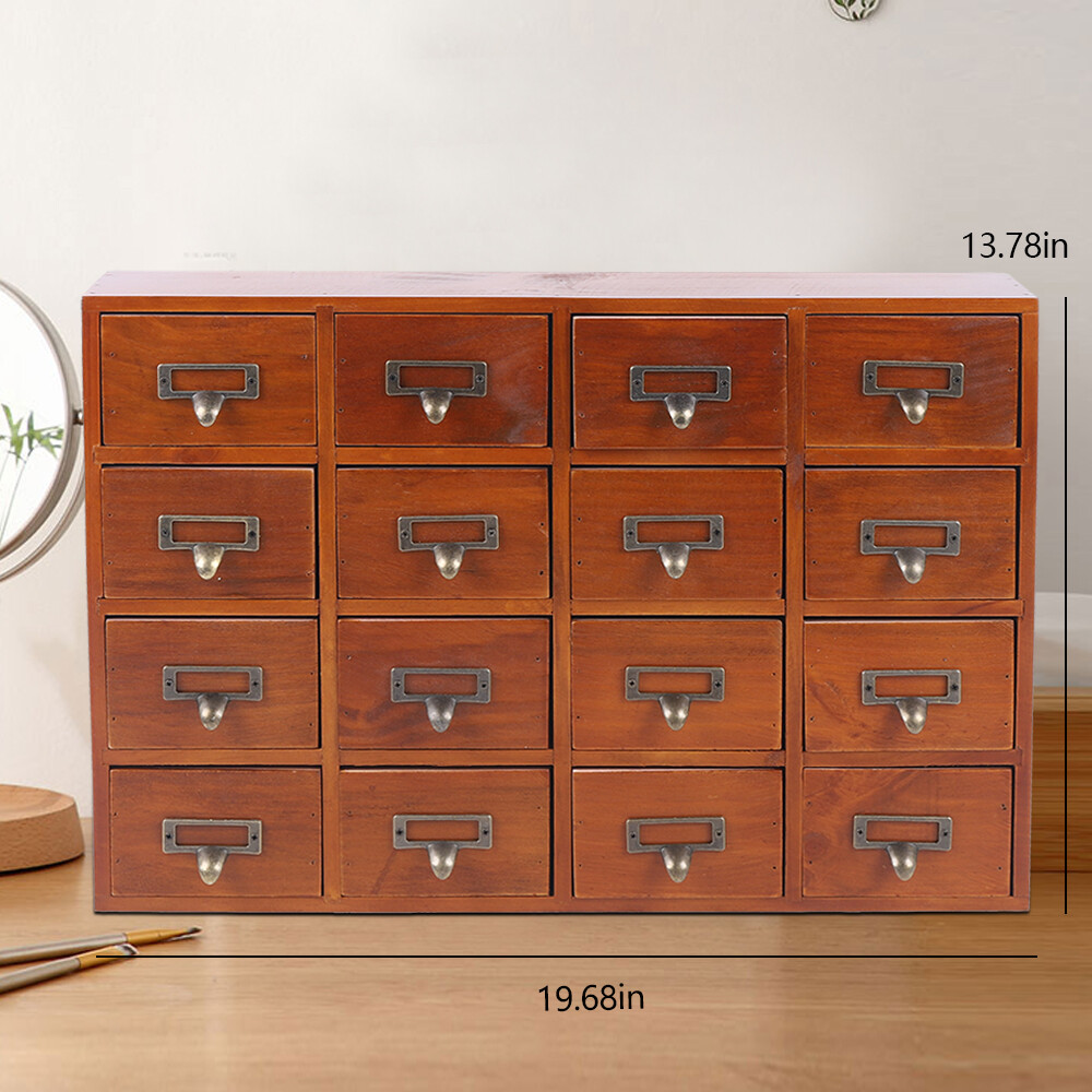 16-Drawers Wood Apothecary Medicine Cabinet Label Holder Card Catalog Vintage US
