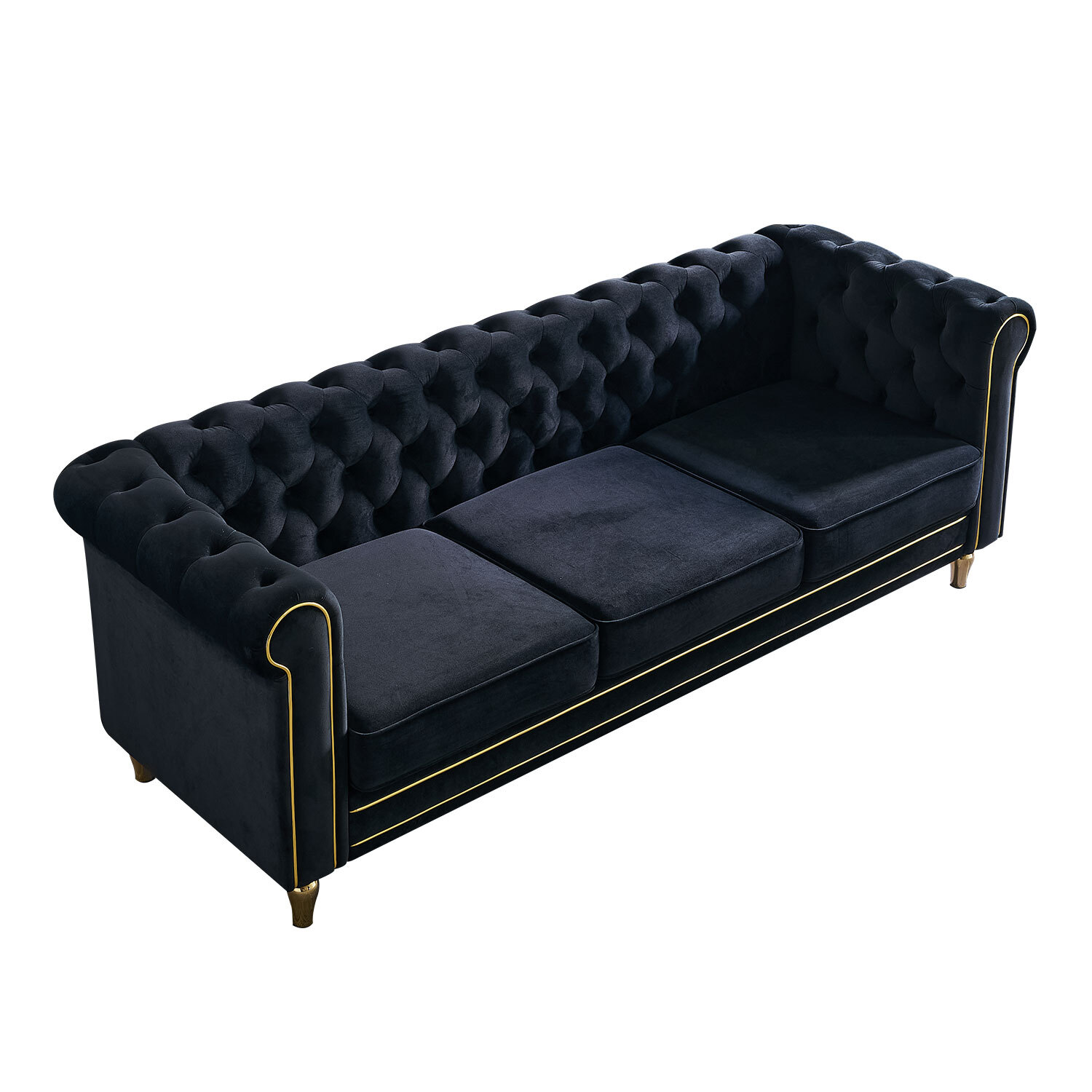84 in Chesterfield Sofa Velvet Upholstered Solid Wood Tufted Padded Seat Black