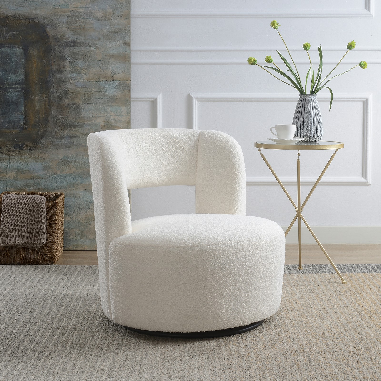 Swivel Barrel Accent Chair with Teddy Fabric, Cream, 28.5″W x 28″D