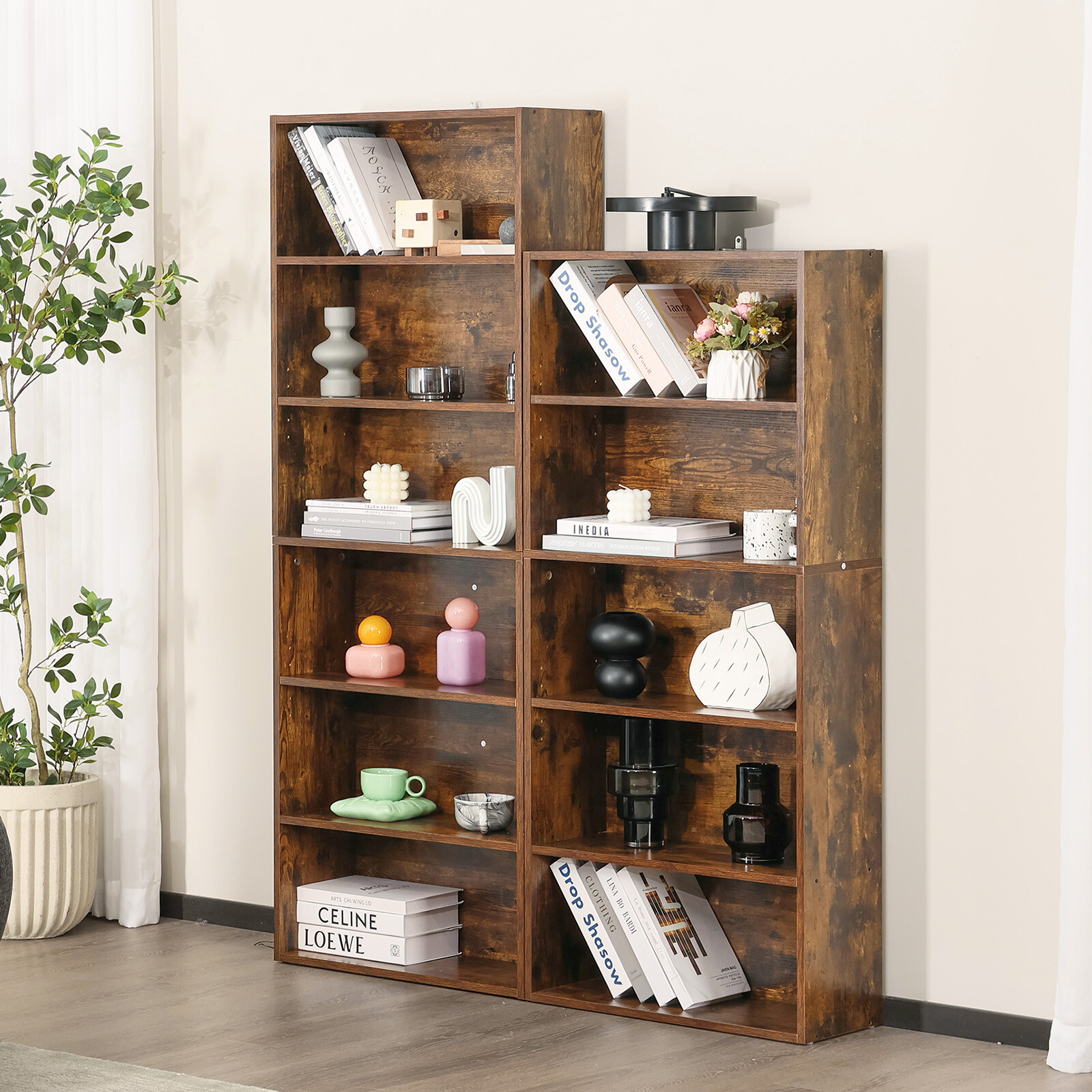 Bookshelf 5/6Tier Storage Shelf Adjustable Bookcase Open Wood Magazine Organizer