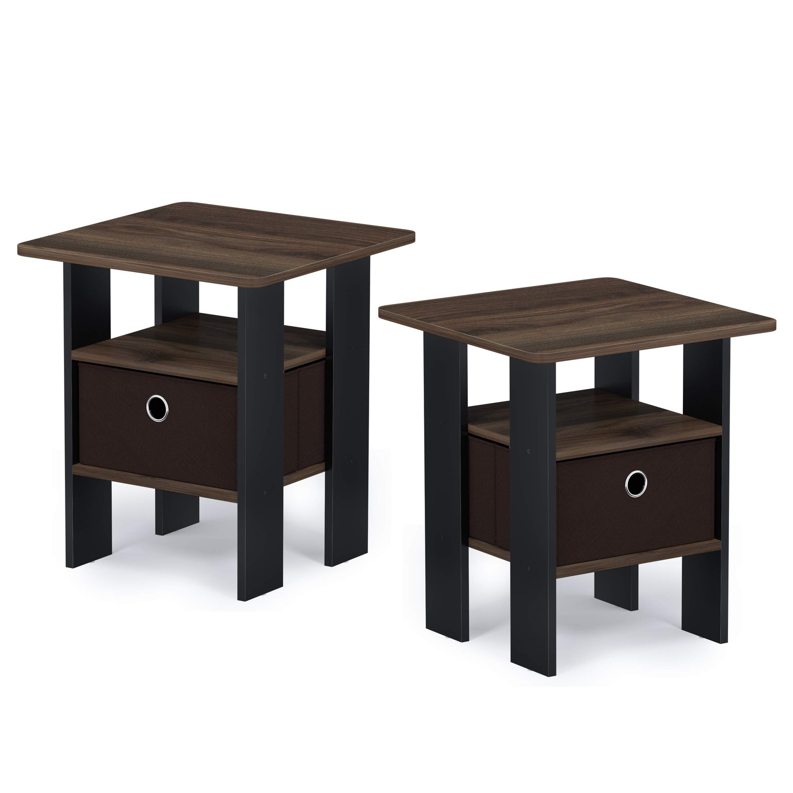 Furinno Andrey Engineered Wood End Table with Bin Drawer in Walnut (Set of 2)