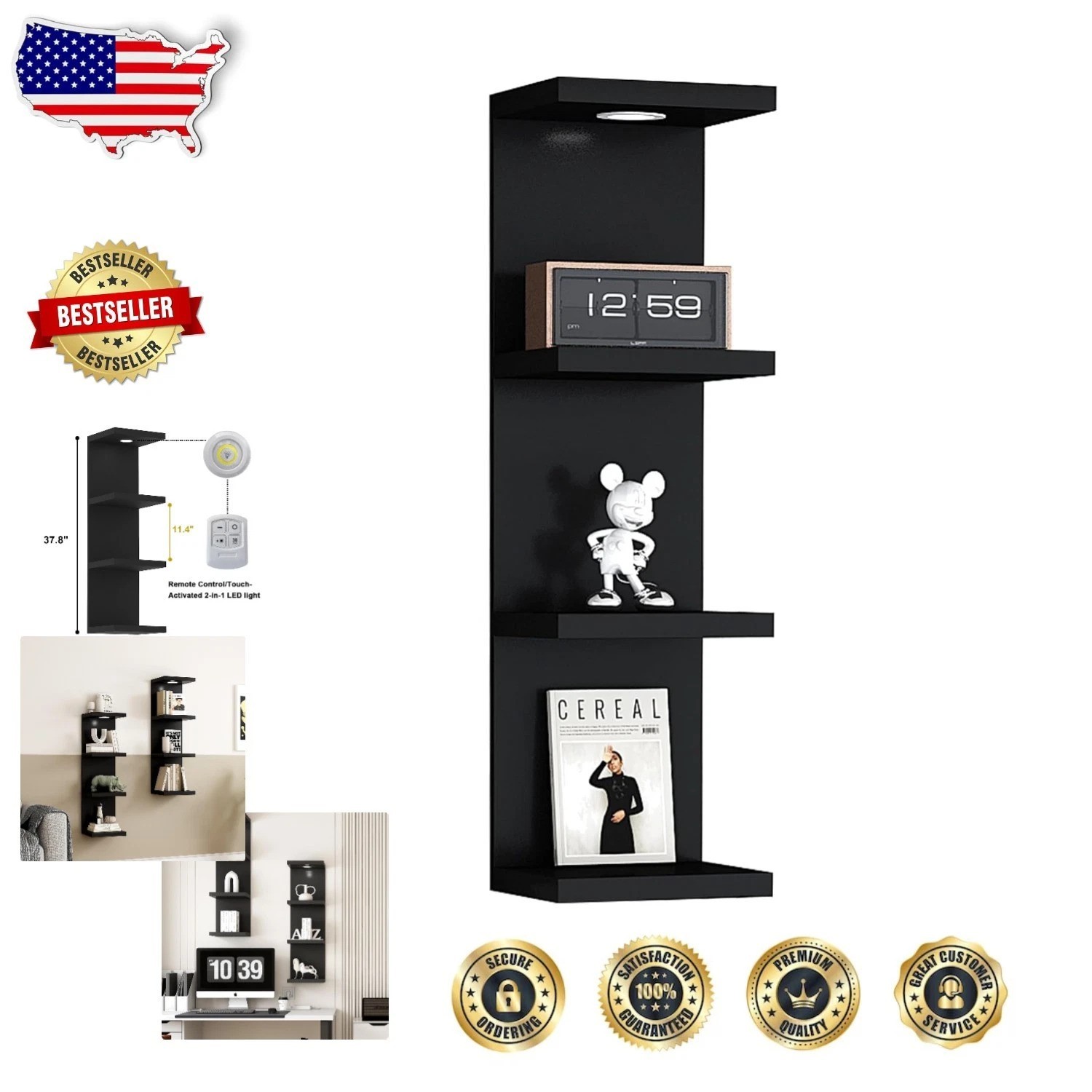 Modern 4 Shelf Black Floating Lack Wall Shelf Unit 22lb Capacity