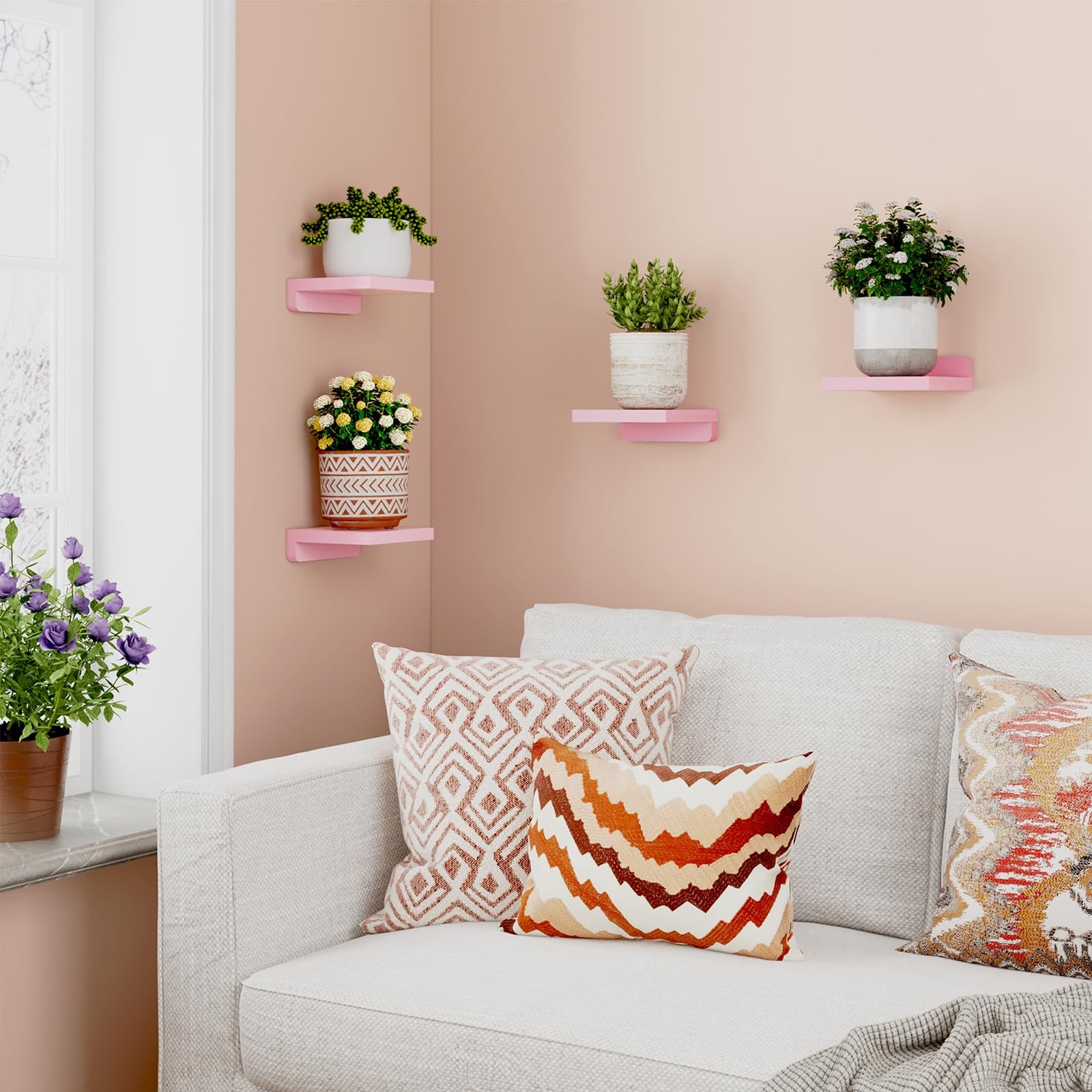Fixwal Pink Shelves, 5×5 Inches Small Wall Shelf Set of 4, Rustic Wood