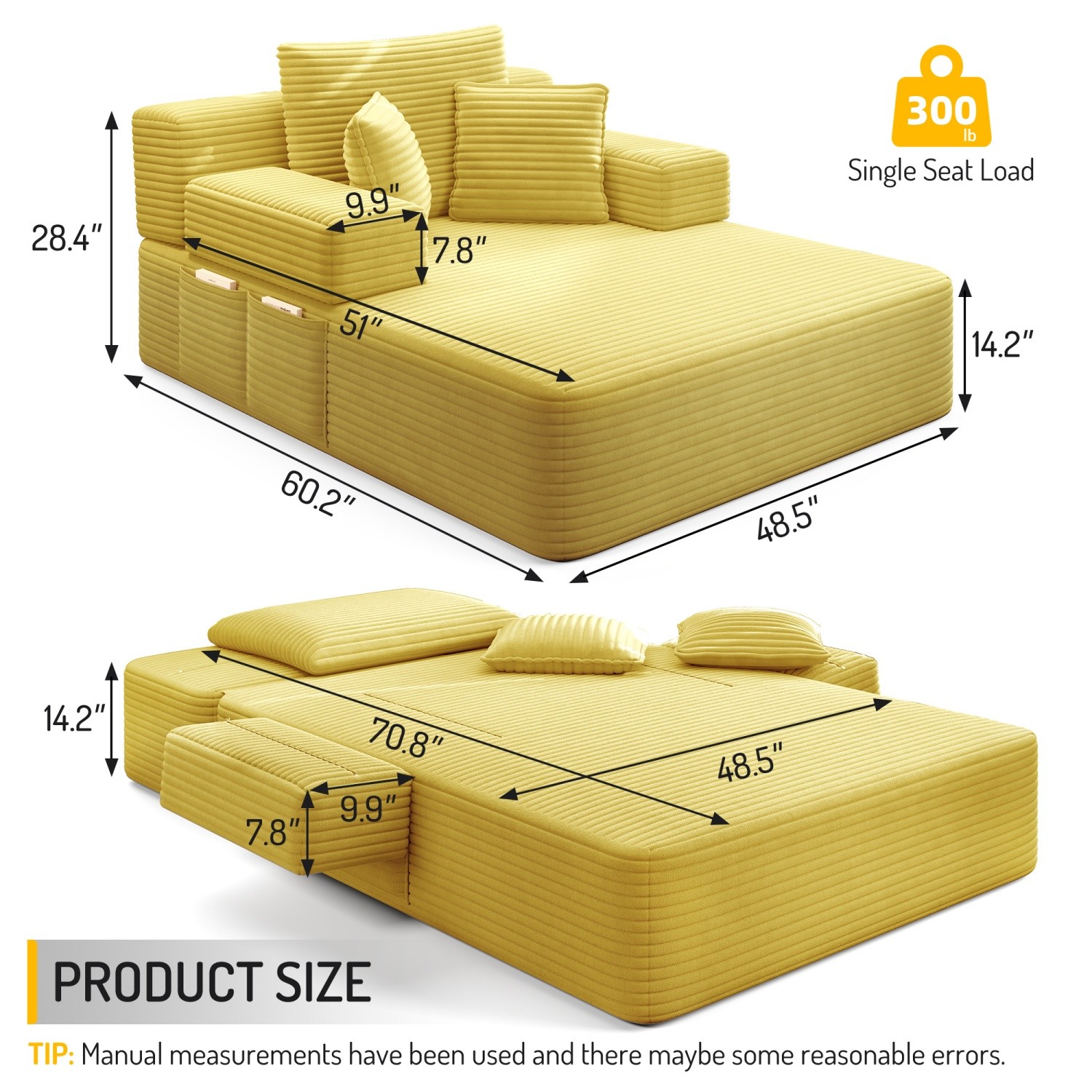 Modern Plush Corduroy Sofa Bed Chaise Lounge No Assembly Required with 3 Pillows