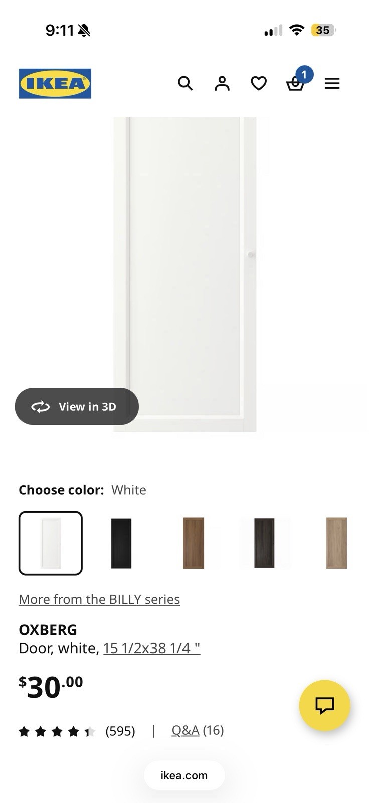 IKEA OXBERG BILLY Door White 15 1/2 x 38 1/4 in MPN 502.755.96