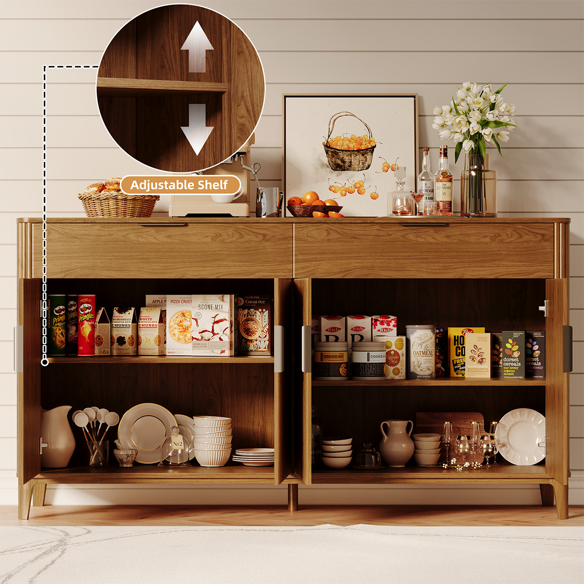 63″ Large Buffet Sideboard with Storage, 31″ Tall Kitchen Buffet Storage Cabinet
