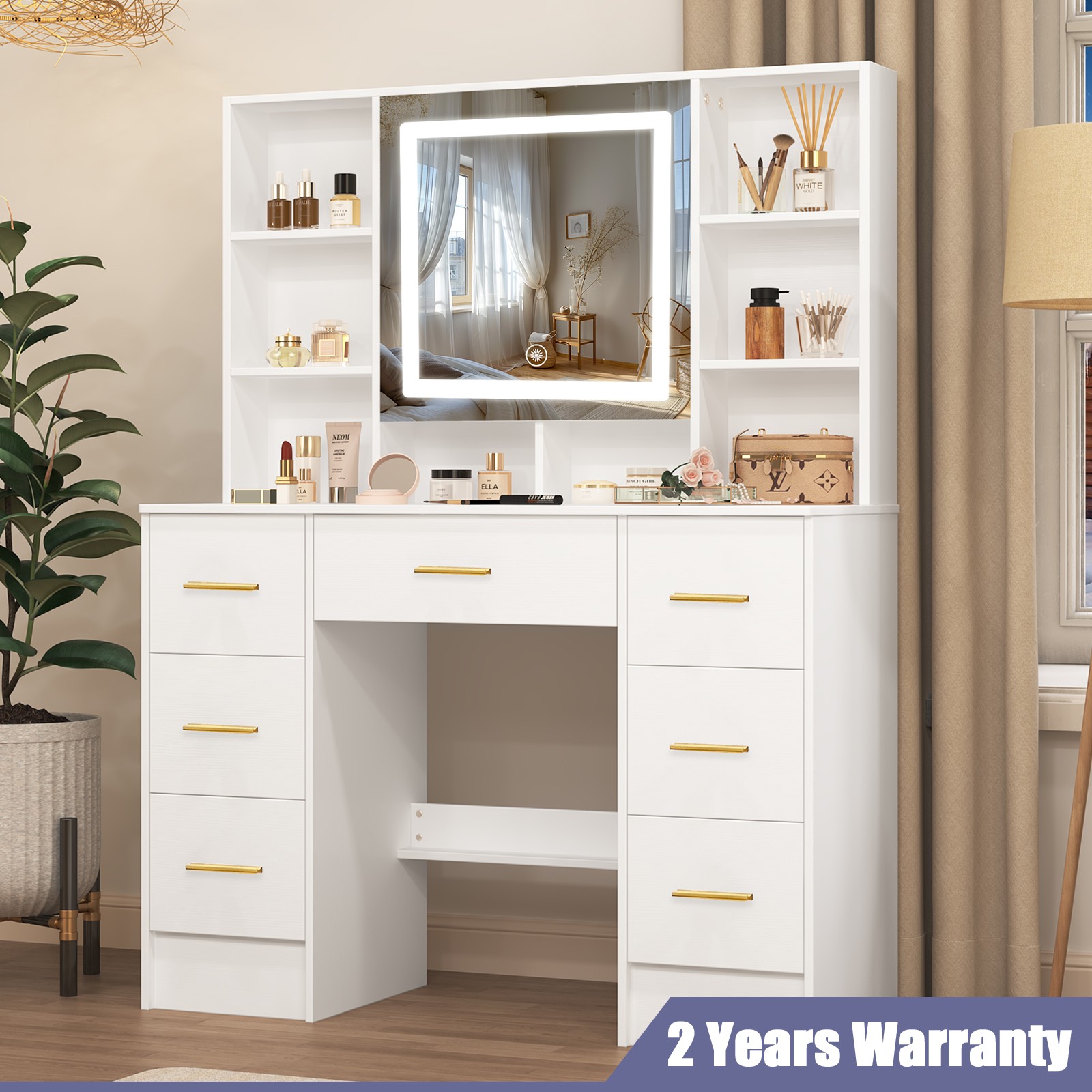 NEW Dressing Table LED Lighted Mirror with 7 Drawers Makeup Table Vanity Desk