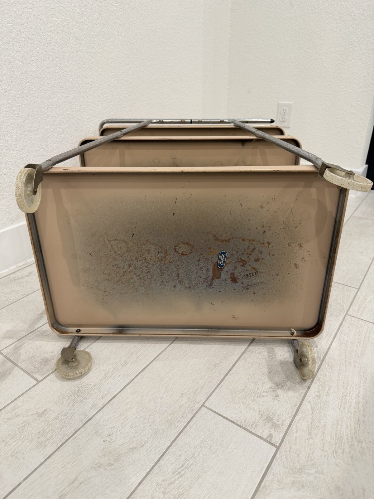 Vintage Cosco 3 Tier Cart Metal Rolling Bar Serving MCM Atomic Retro Beige Tan