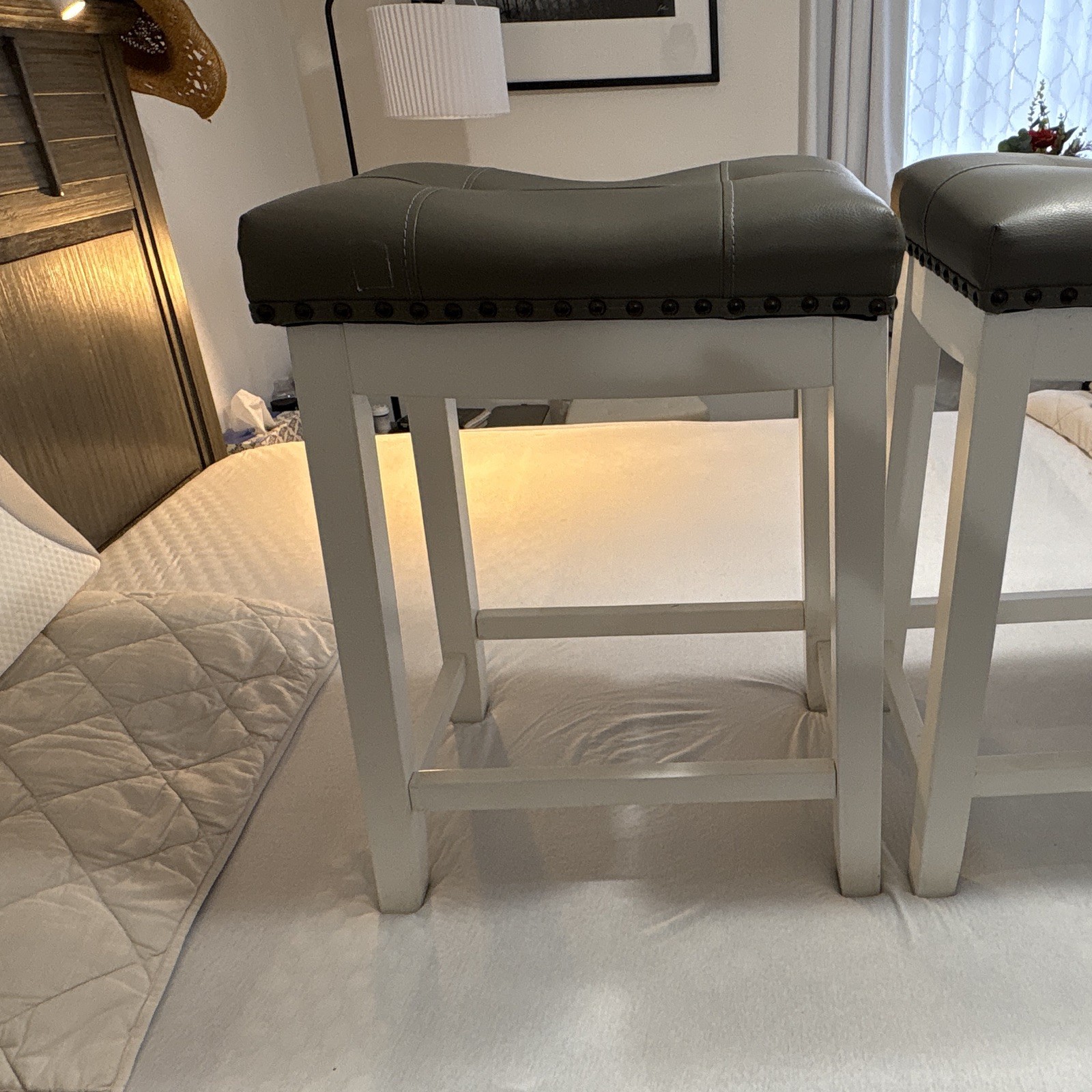 Longwood Forest Products Set of 2 Upholstered Wood Barstools, White/Gray
