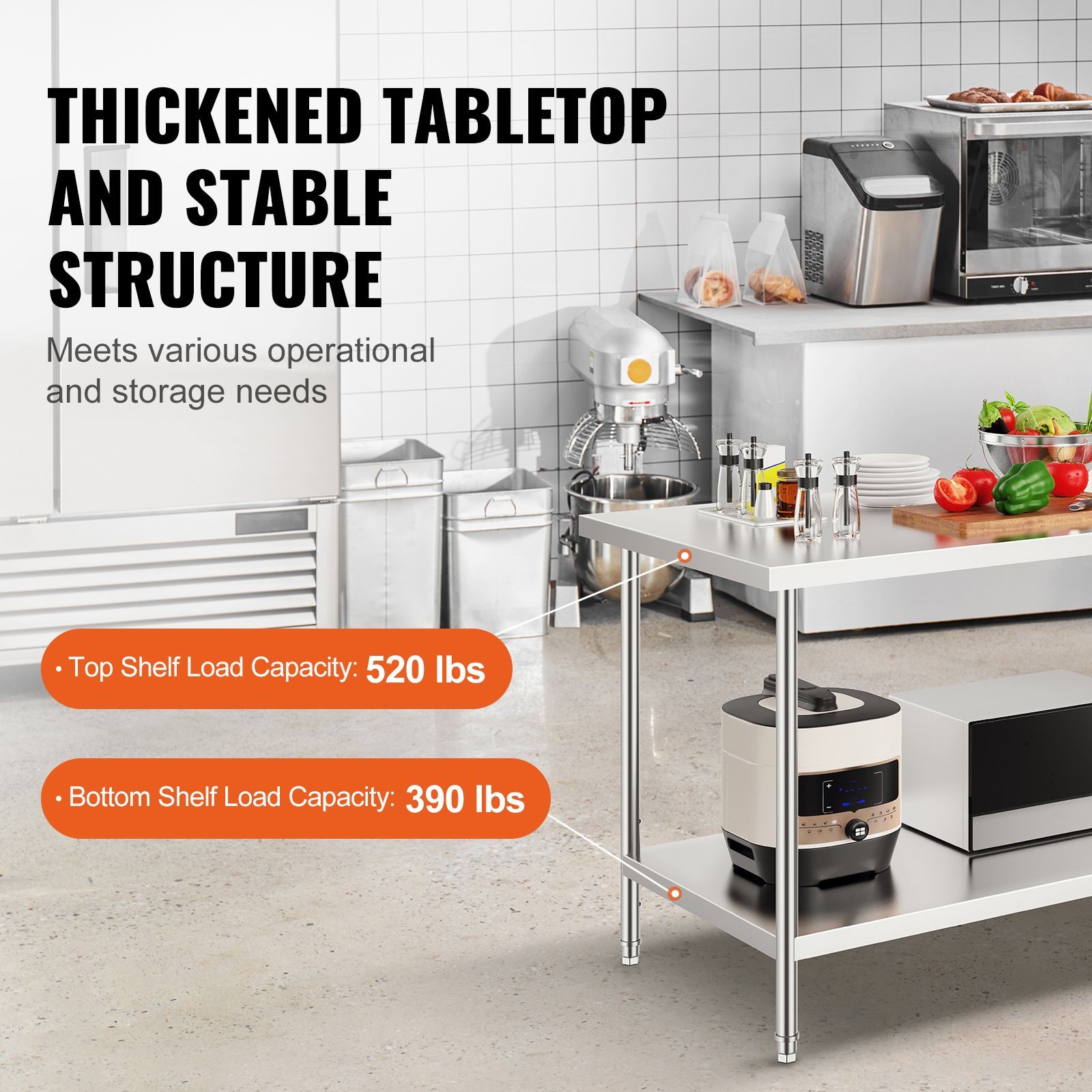 30x60in Stainless Steel Work Table, 910lb Capacity, 3-Level Adjustable Shelves