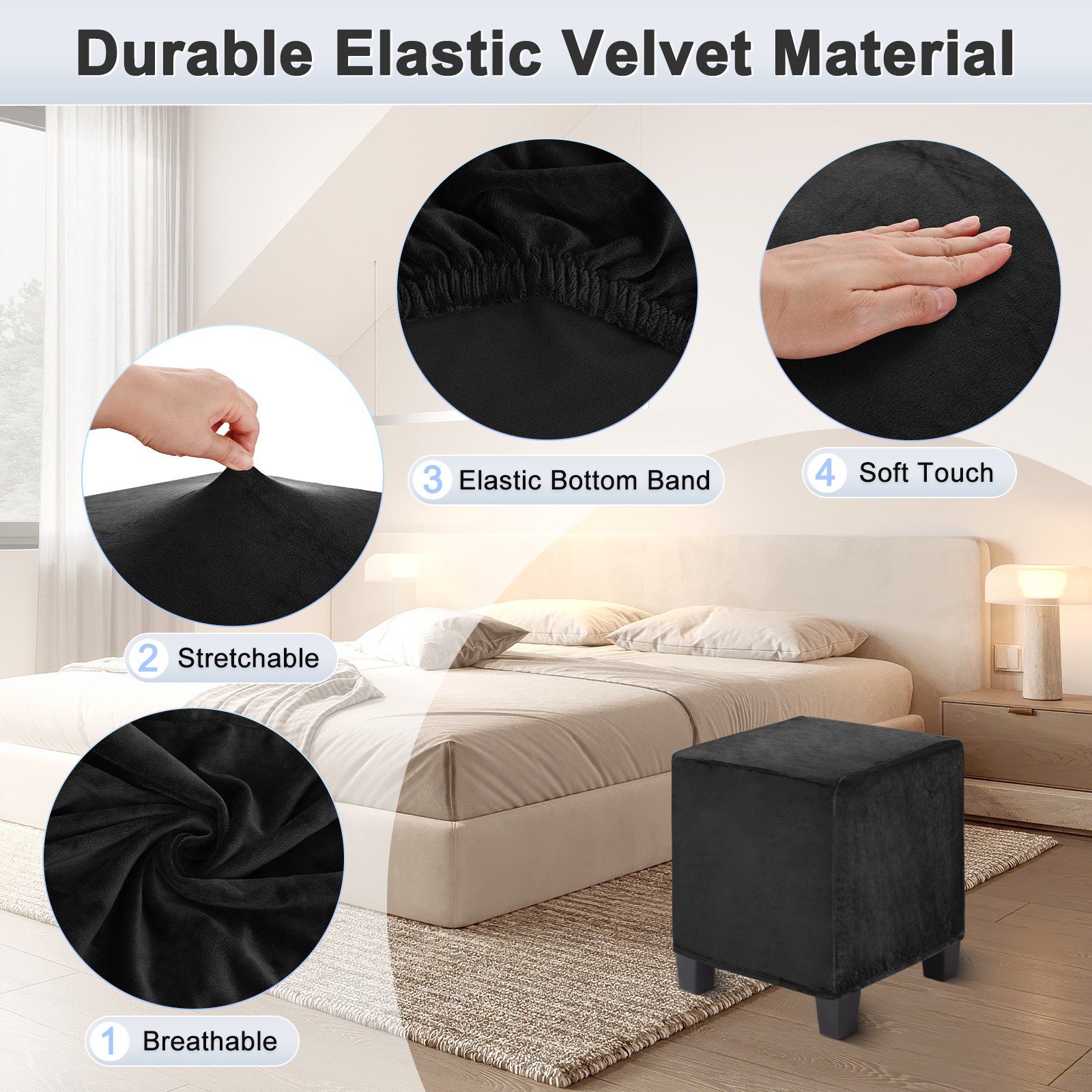 1-Pack 13″x13″x15″ Stretch Square Ottoman covers Footstool Protector Black