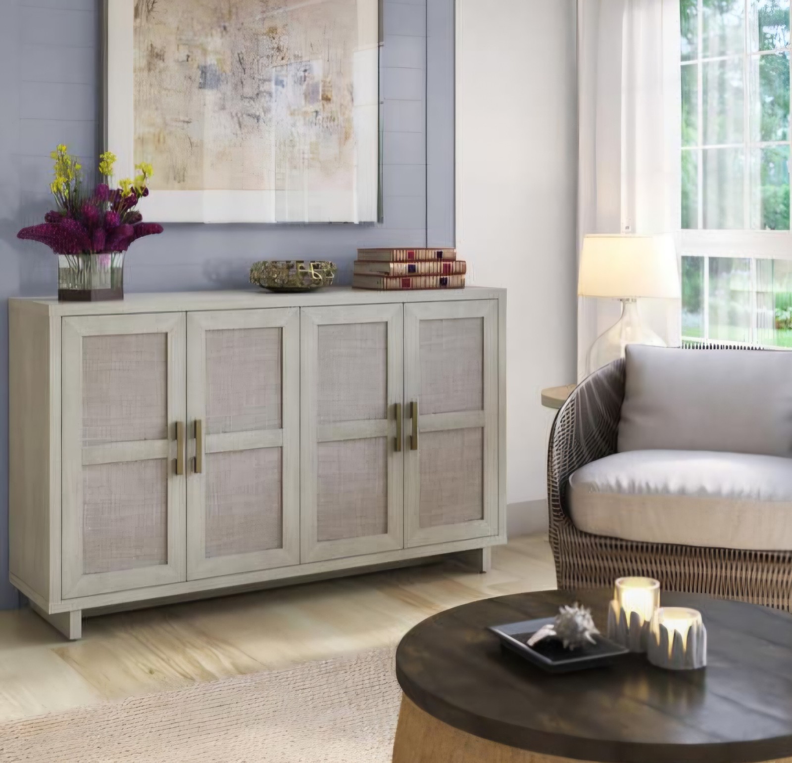 Coastal Sideboard with Linen Inspired Accents Fairfax Oak Buffet Display Storage