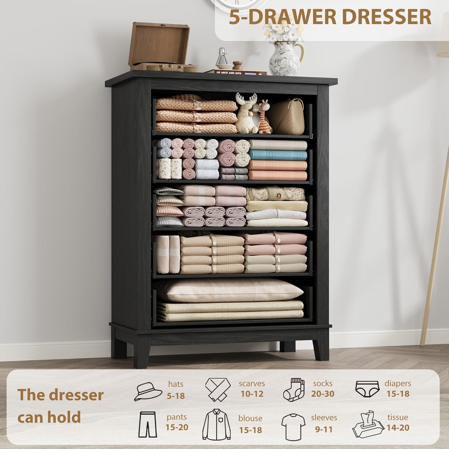 Bedroom Dresser 5 Drawer 41.3 Inch Tall Vertical Drawer with Large Storage