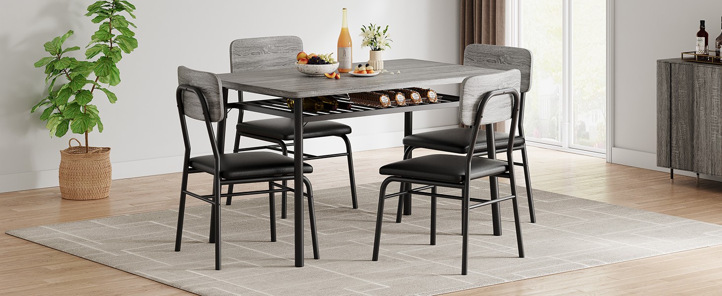 Dining Table Set for 4 with Storage Rack, 5-Piece Kitchen Table and Upholstered