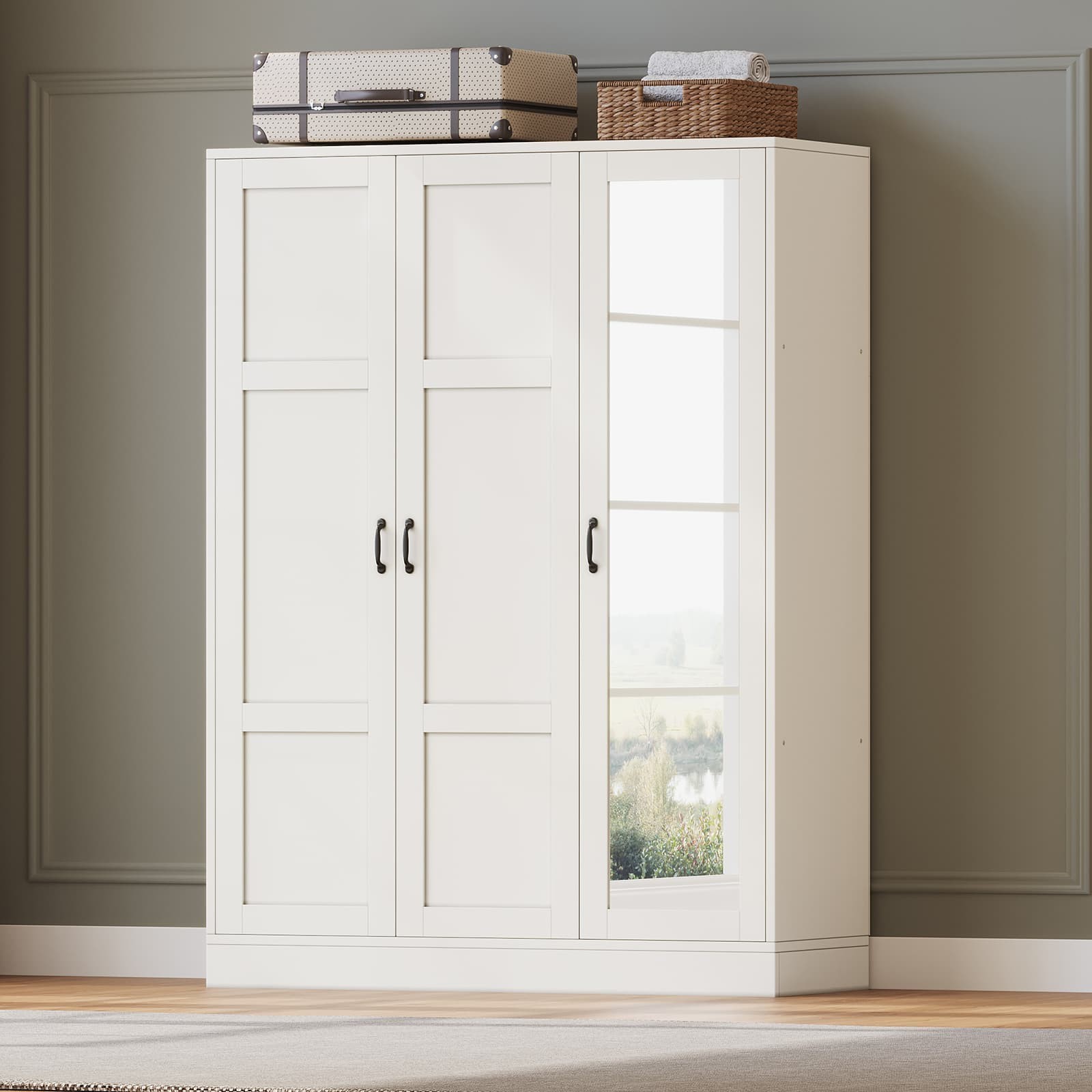 47″ Wardrobe Armoire With Full-Length Mirror, 3 Doors, Hanging Rod & 6 Shelves