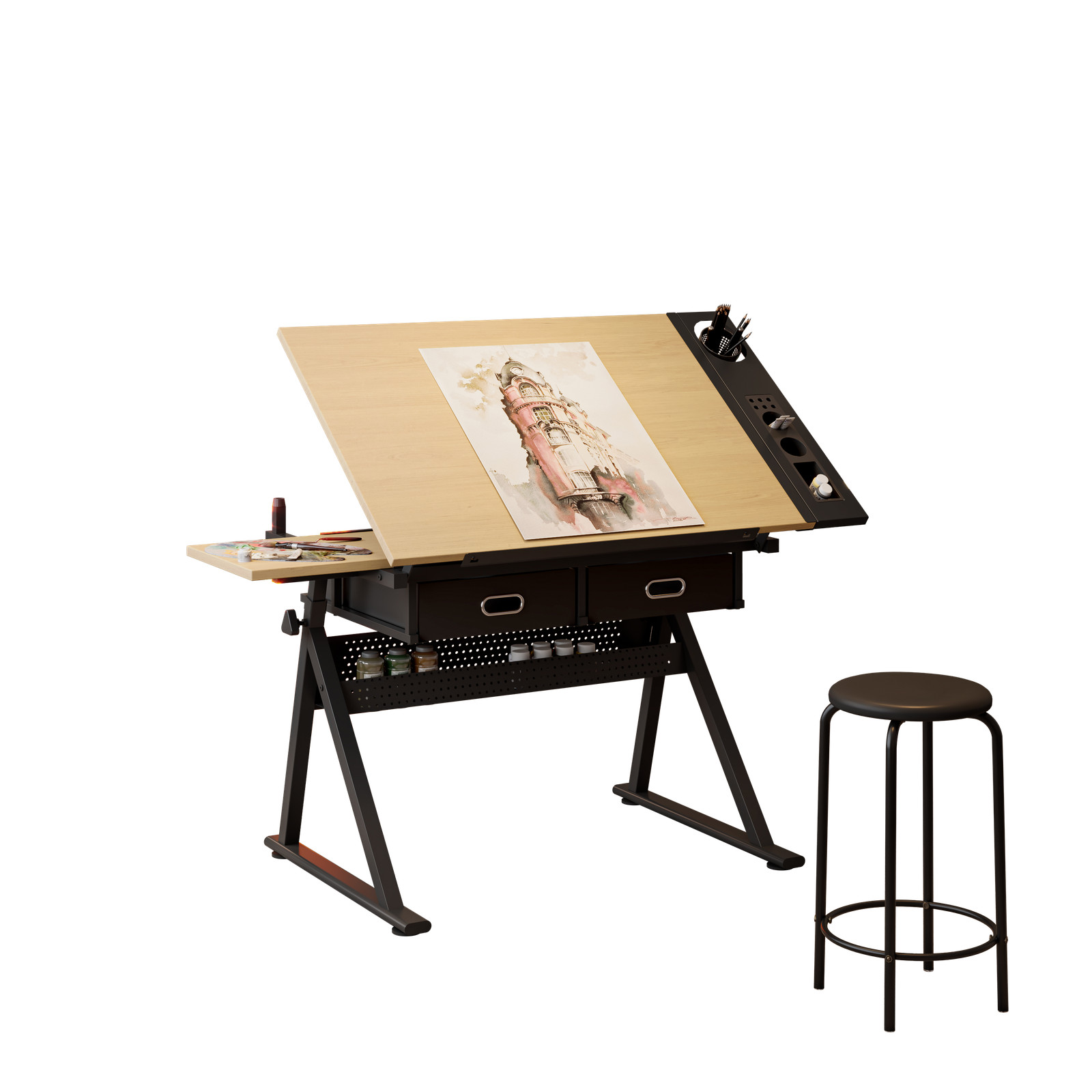 Drawing Drafting Table with Stool, Adjustable Art Desk with 2 Drawers Maple Wood