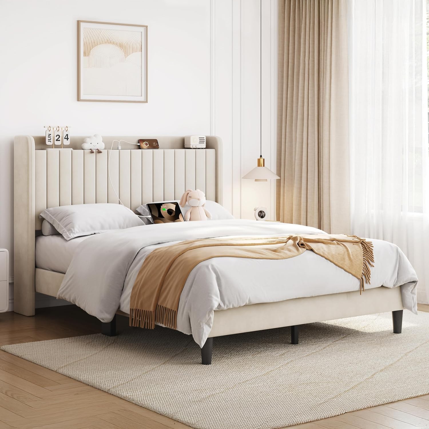 Queen Bed Frame with USB Charging Station and Storage Shelf/Upholstered