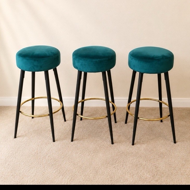 Modern Set of 3 Teal Upholstered Bar Stools Black Metal Legs Gold Footrest