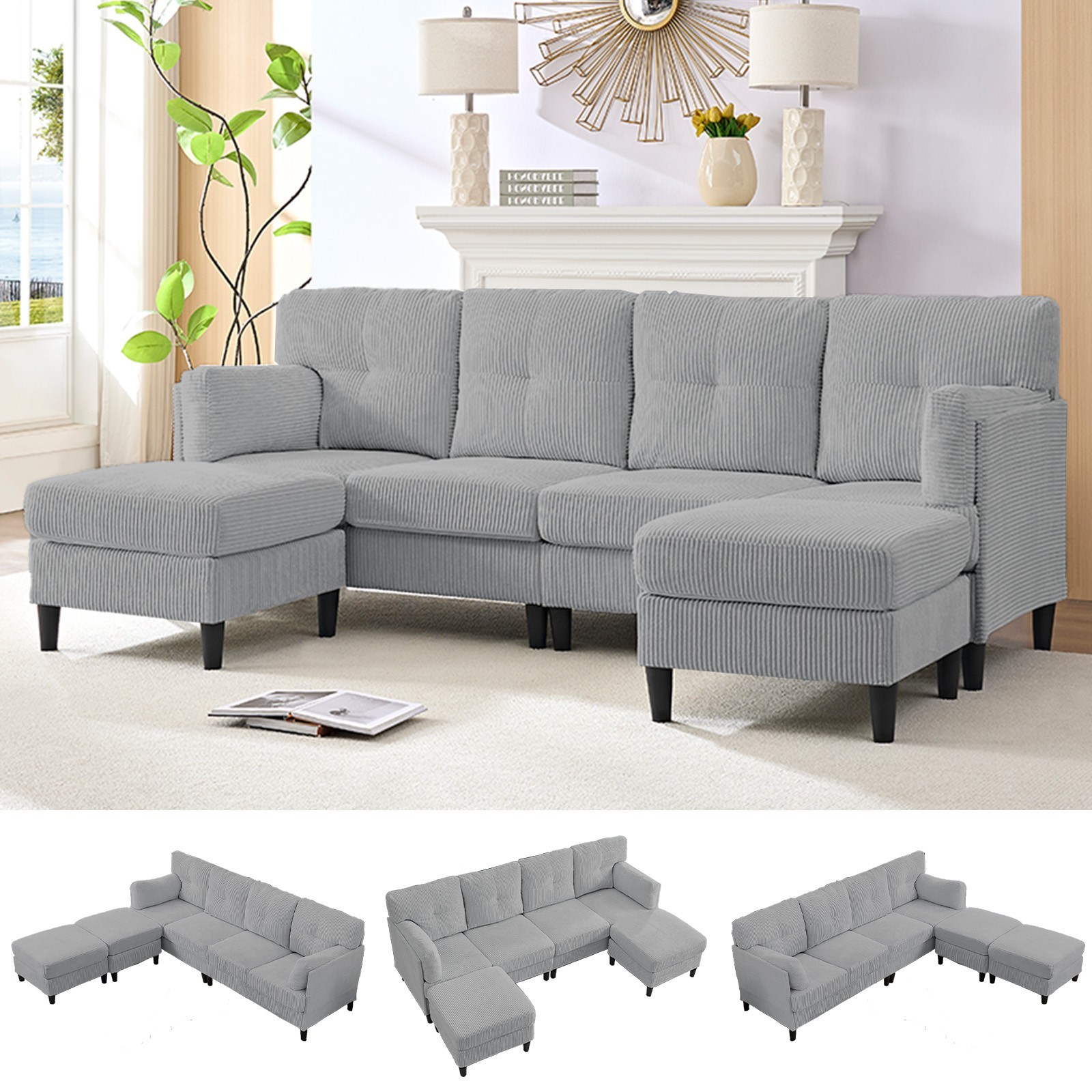 Zafly Sectional Sofa with Ottoman, Corduroy U/L Shaped couch for Living Room