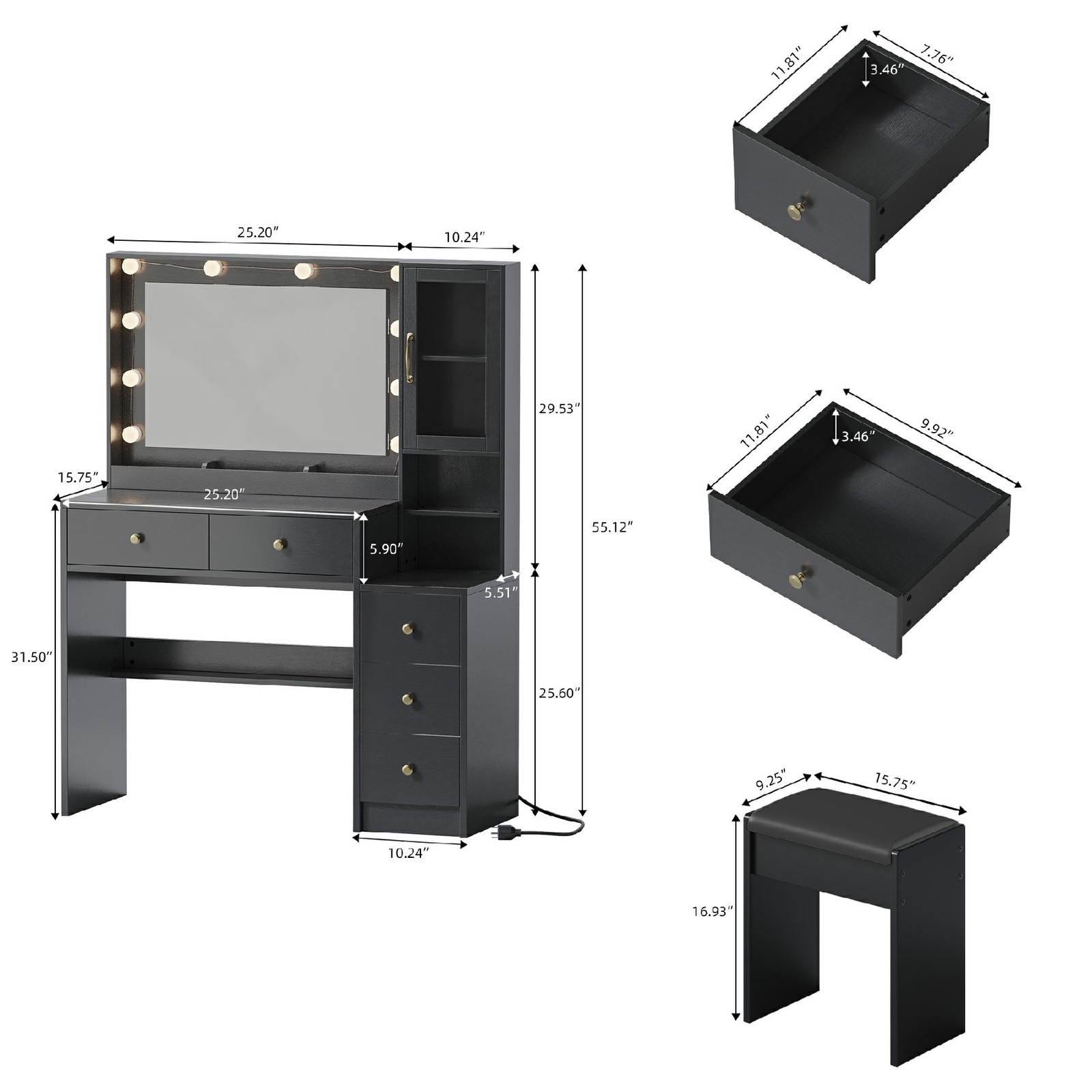 OXIRTH Vanity Desk with Mirror and 10 LED Bulbs, Makeup Table with Power Outlets