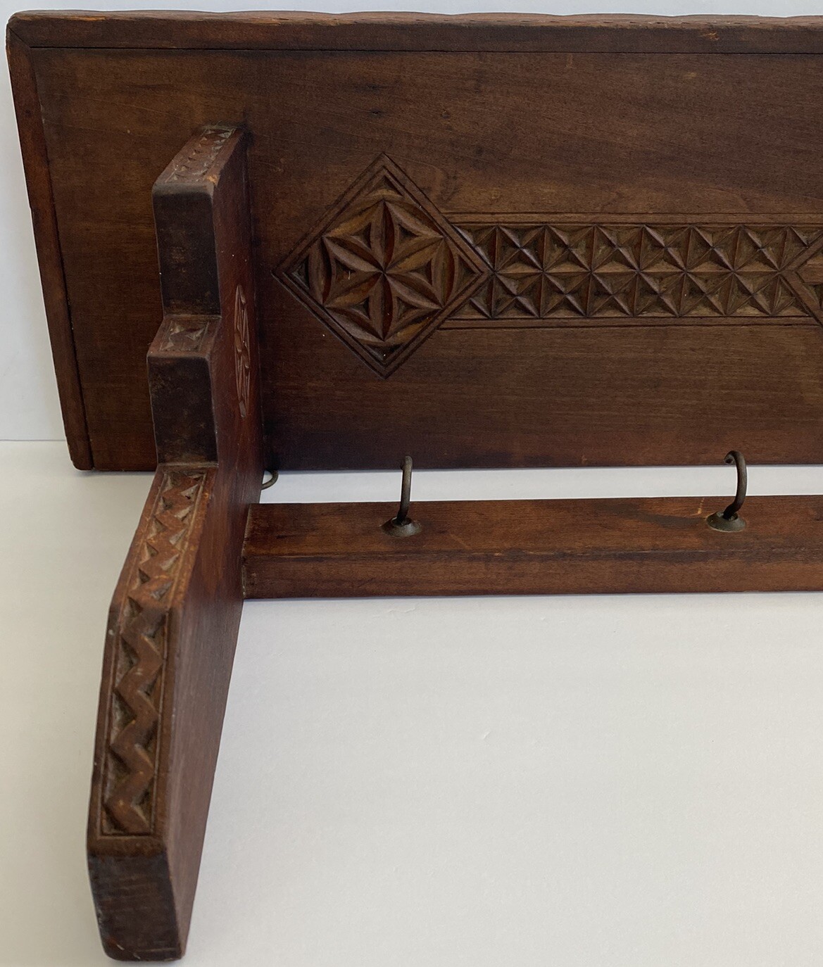19thC ATQ Moorish Revival Eastlake Wood Carved Geometric Hat Rack Mantle Shelf