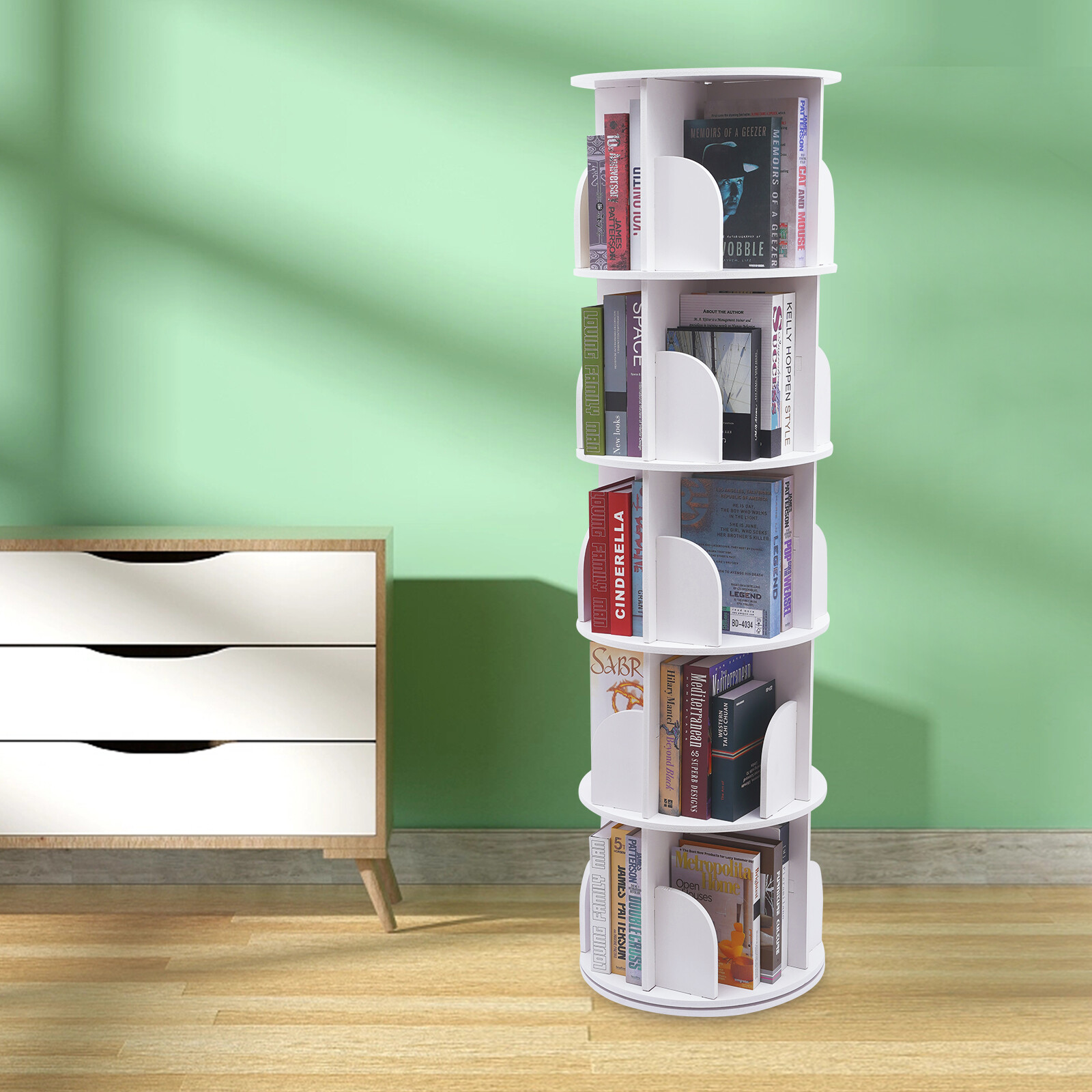 360° Rotating 5-Tier Bookcase Book Storage Shelf Bookshelf Display Rack White
