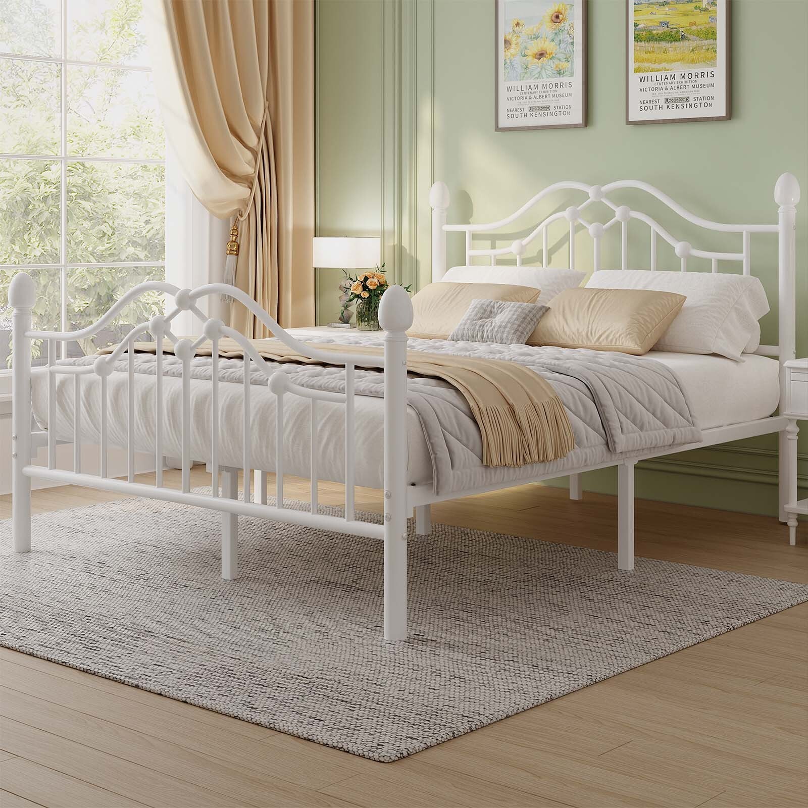 Full Metal Platform Bed Frame with Victorian Headboard and Footboard