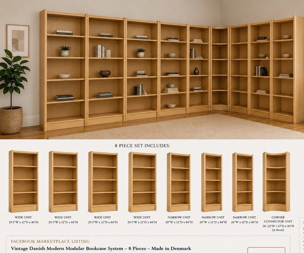 Danish Modern Adjustable Modular Bookcase 8pc Set 6 Shelves 84in Light Wood