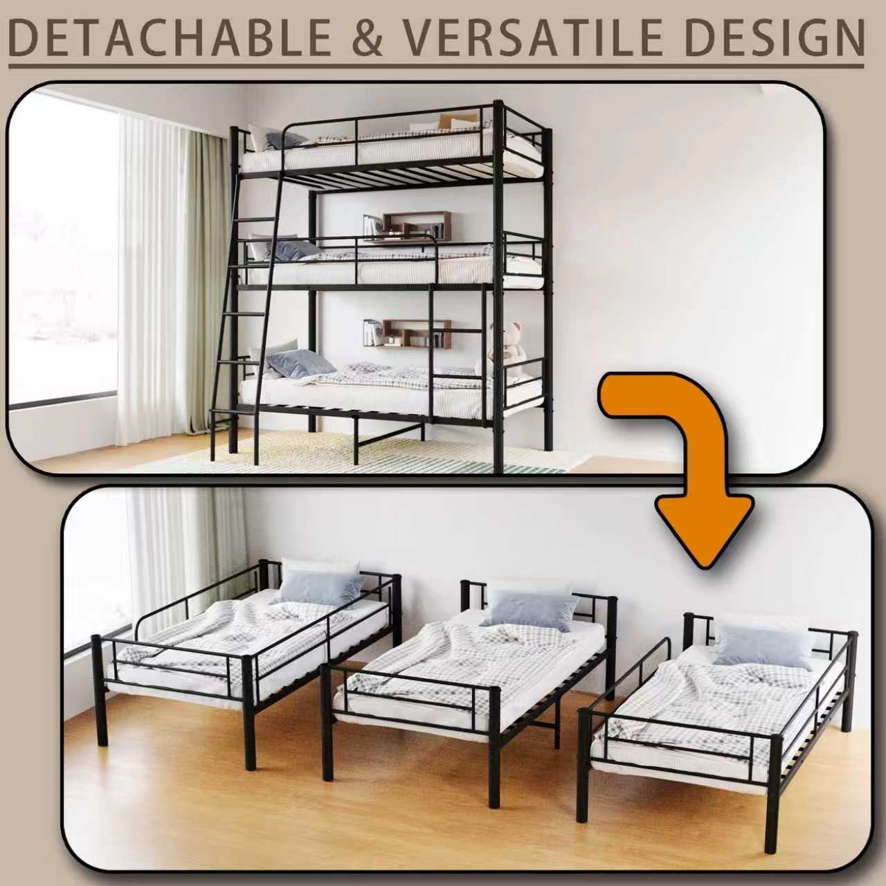 Triple Bunk Bed Twin Size Black Metal Bed Frame Can be Disassembled into 3 Bed