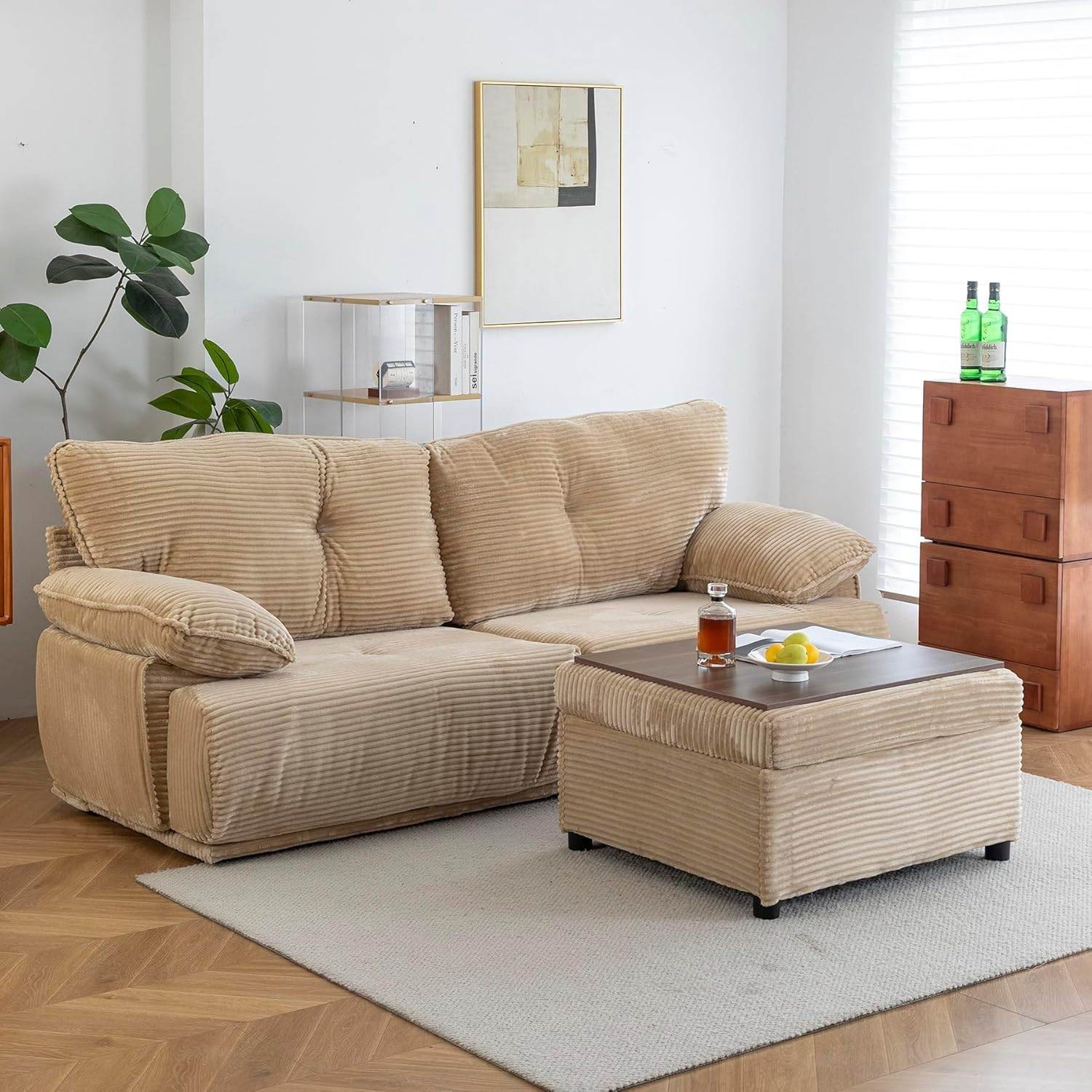 3-Seater Sofa Set Beige Corduroy Upholstered Deep Seat Ottoman Storage Coffee